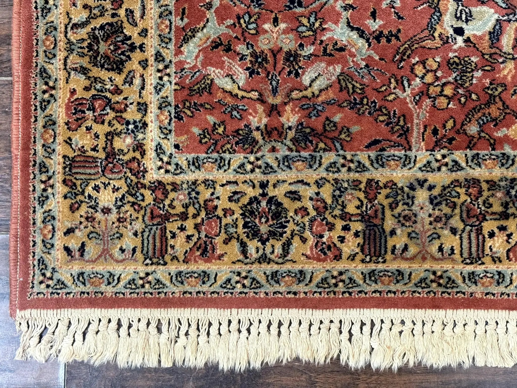 Persian Hunting Design Rug 4.7 x 6.5, Hunting Scene, Red-Orange, Wool, Belgian Power Loomed Carpet by Jewel Rugs