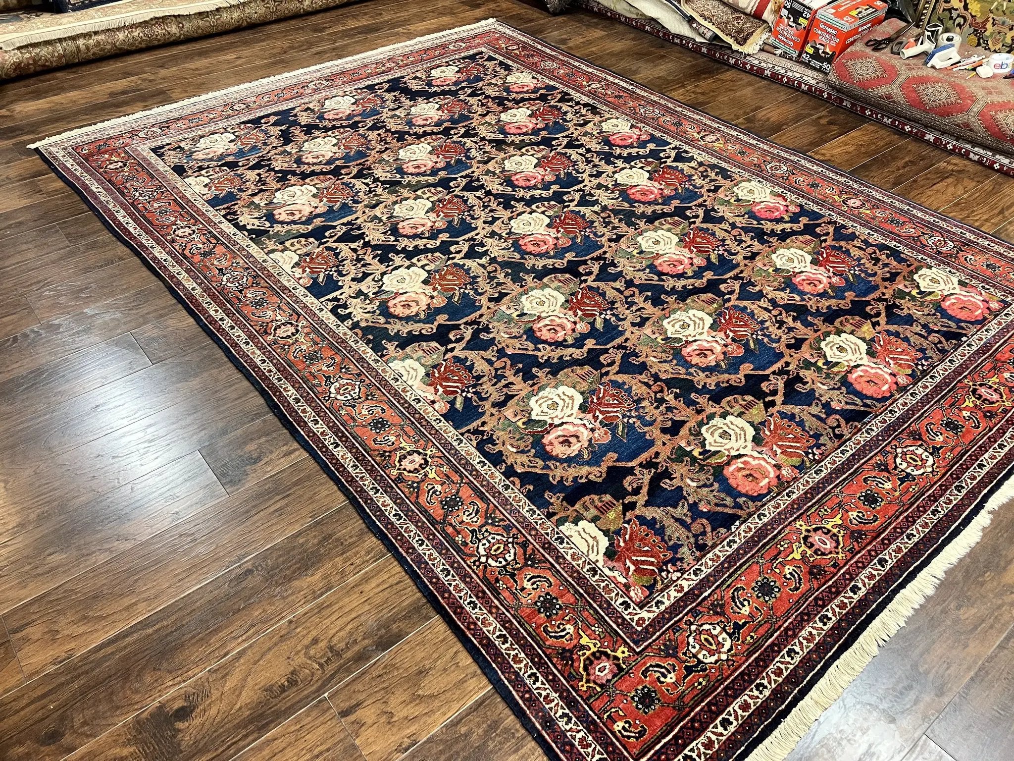 Persian Bidjar Rug 8x11, Floral Bouquets, Blue Black Red Pink, Handmade Hand Knotted Vintage Semi Antique Oriental Carpet by Jewel Rugs
