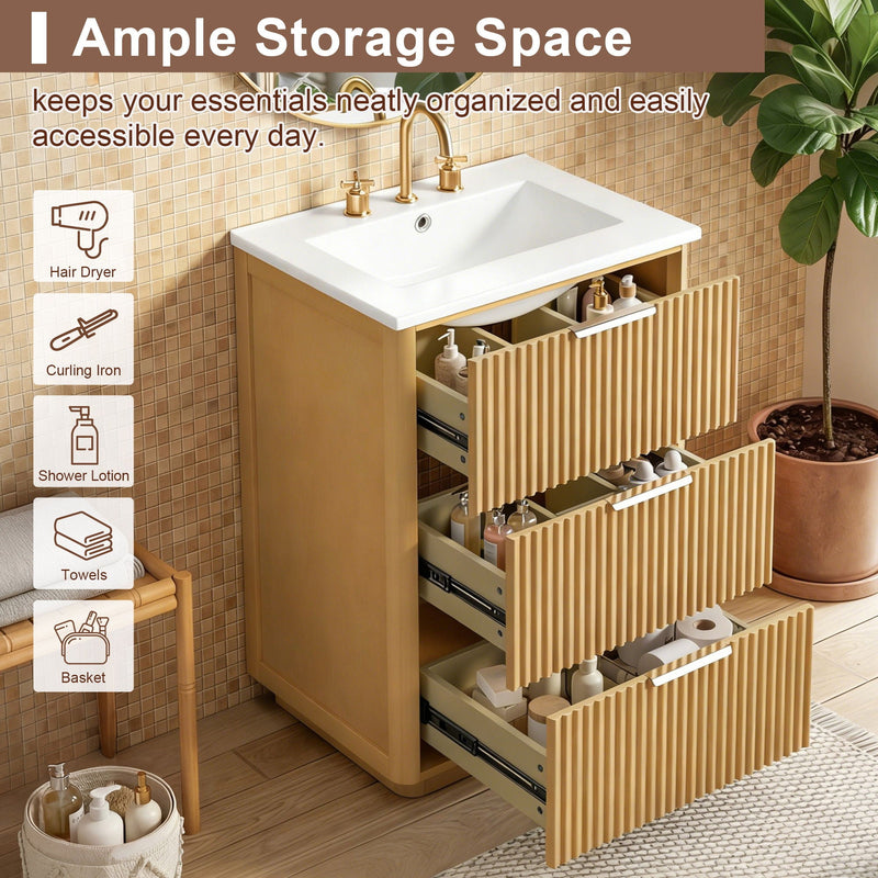 Bathroom Vanity With Sink, Open Shelf & Closed Storage - Natural Wood by HouseOfZazla