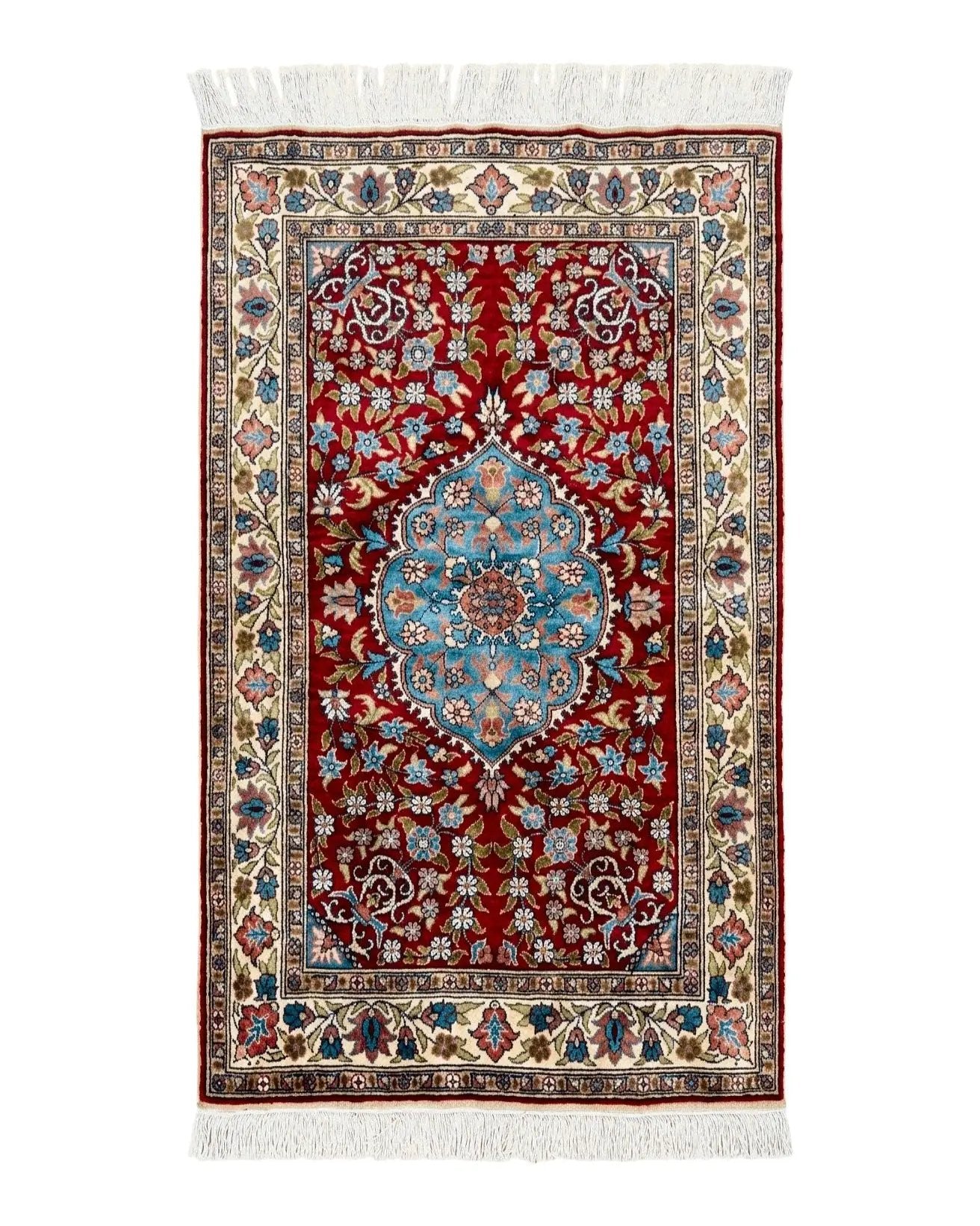 Silk Turkish Kayseri Rug 2x3, Small All Silk Turkish Carpet, Red and Light Blue, Very Fine Hand Knotted Semi Antique Vintage Handmade Rug by Jewel Rugs