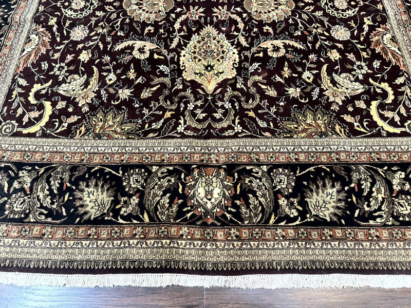 Indo Persian Rug 10x14, Floral Allover, Handmade Vintage Wool Rug, Dark Maroon/Plum and Black by Jewel Rugs