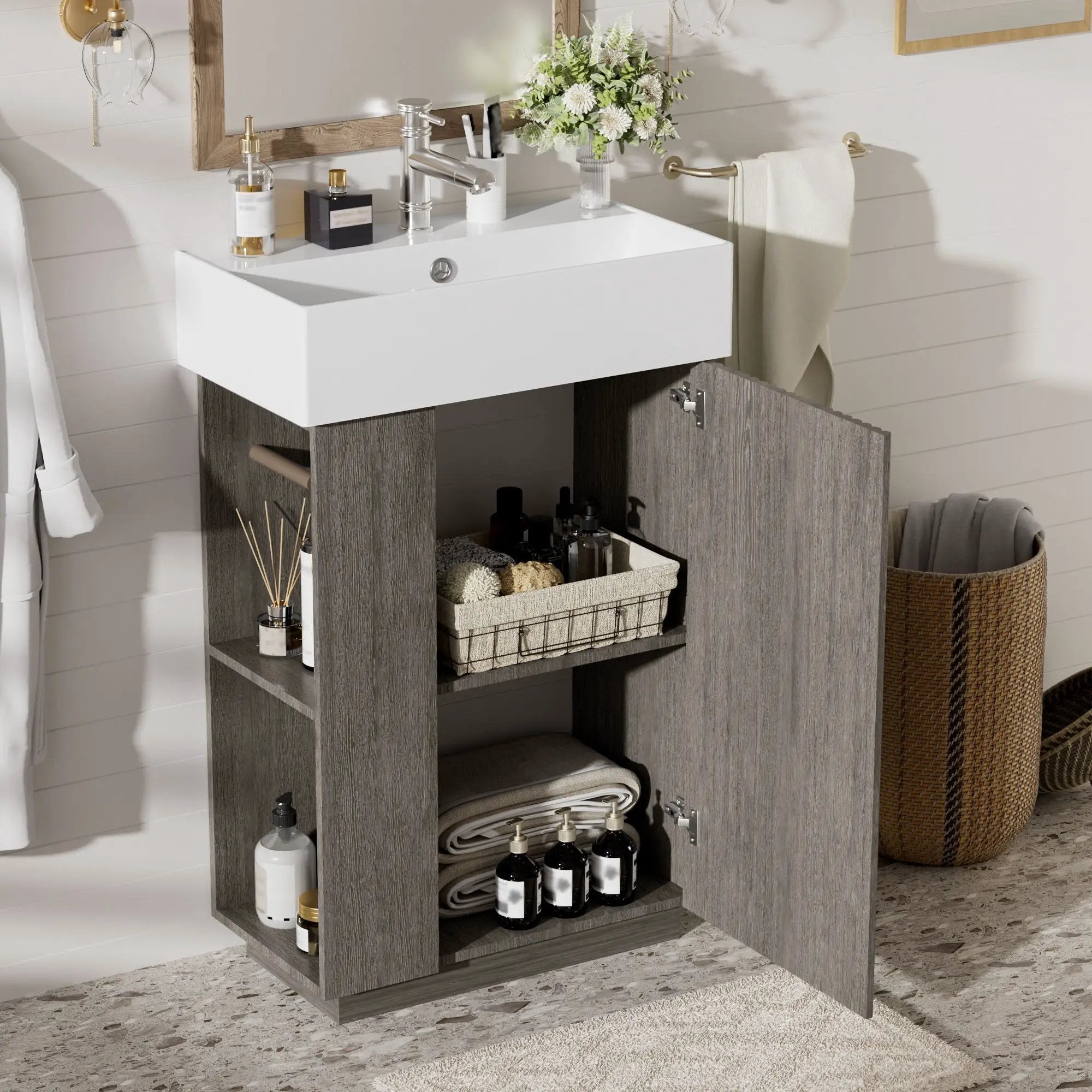 Bathroom Vanity With Sink, Freestanding Wood Grain Cabinet With Storage by Unique Piece Furniture