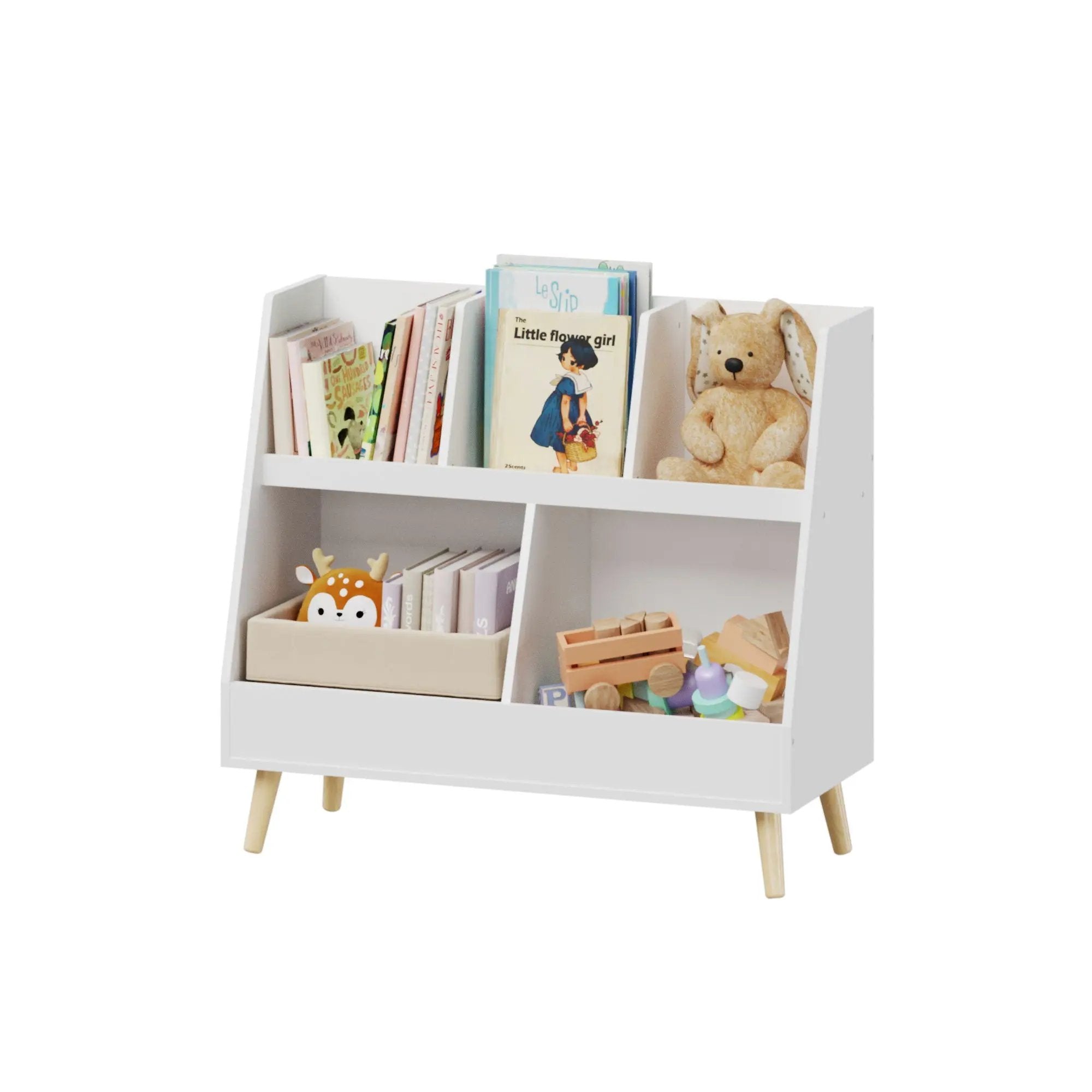 Kids Bookshelf And Toy Organizer, 5 Cubbies Wooden Open Bookcase, 2-Tier Baby Storage Display Organizer With Legs, Free Standing For Playing Room, Bedroom, Nursery, Classroom - White by HouseOfZazla