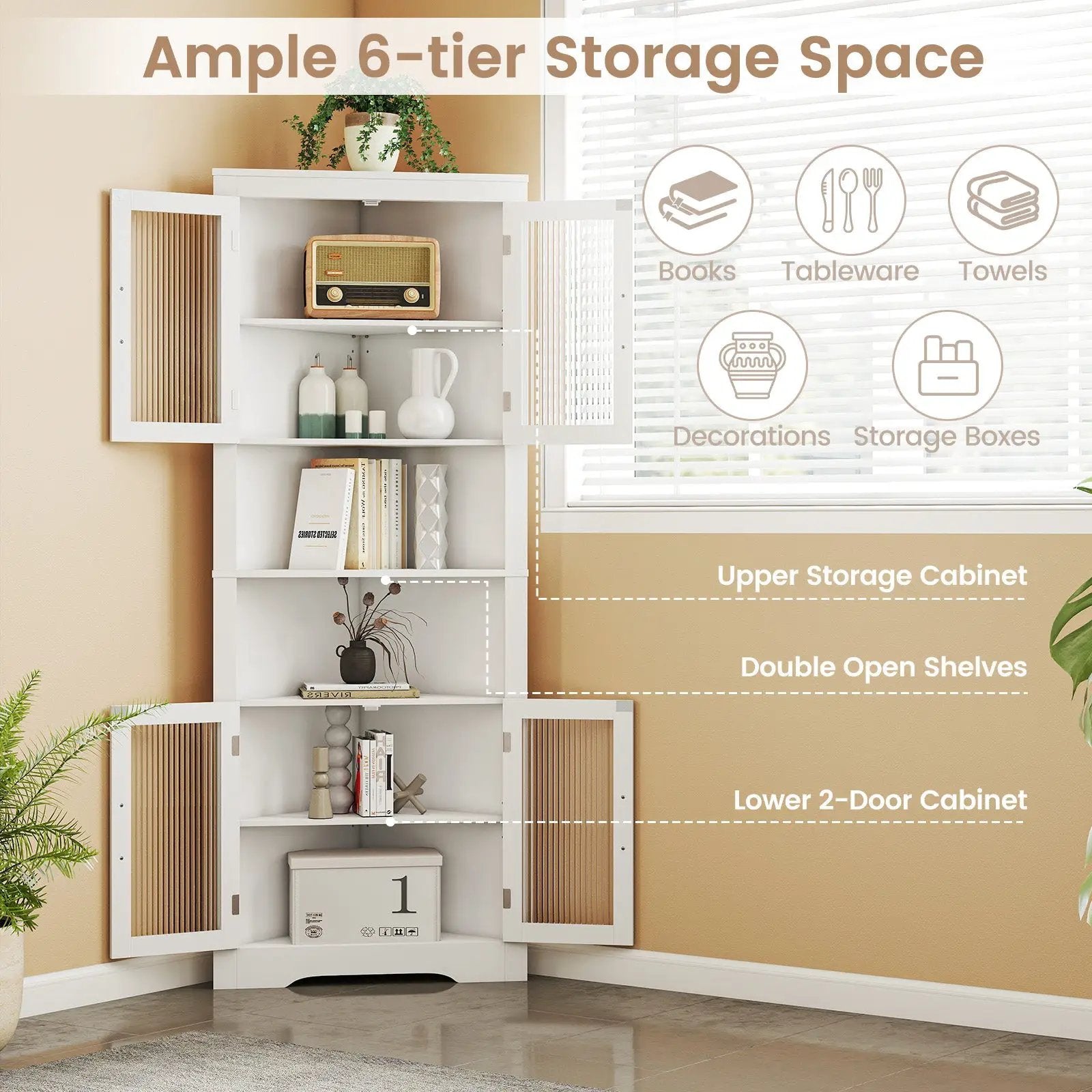 67 Inch Tall Corner Cabinet Triangular Buffet Cabinet with Tempered Glass Doors-White by DirectDeals