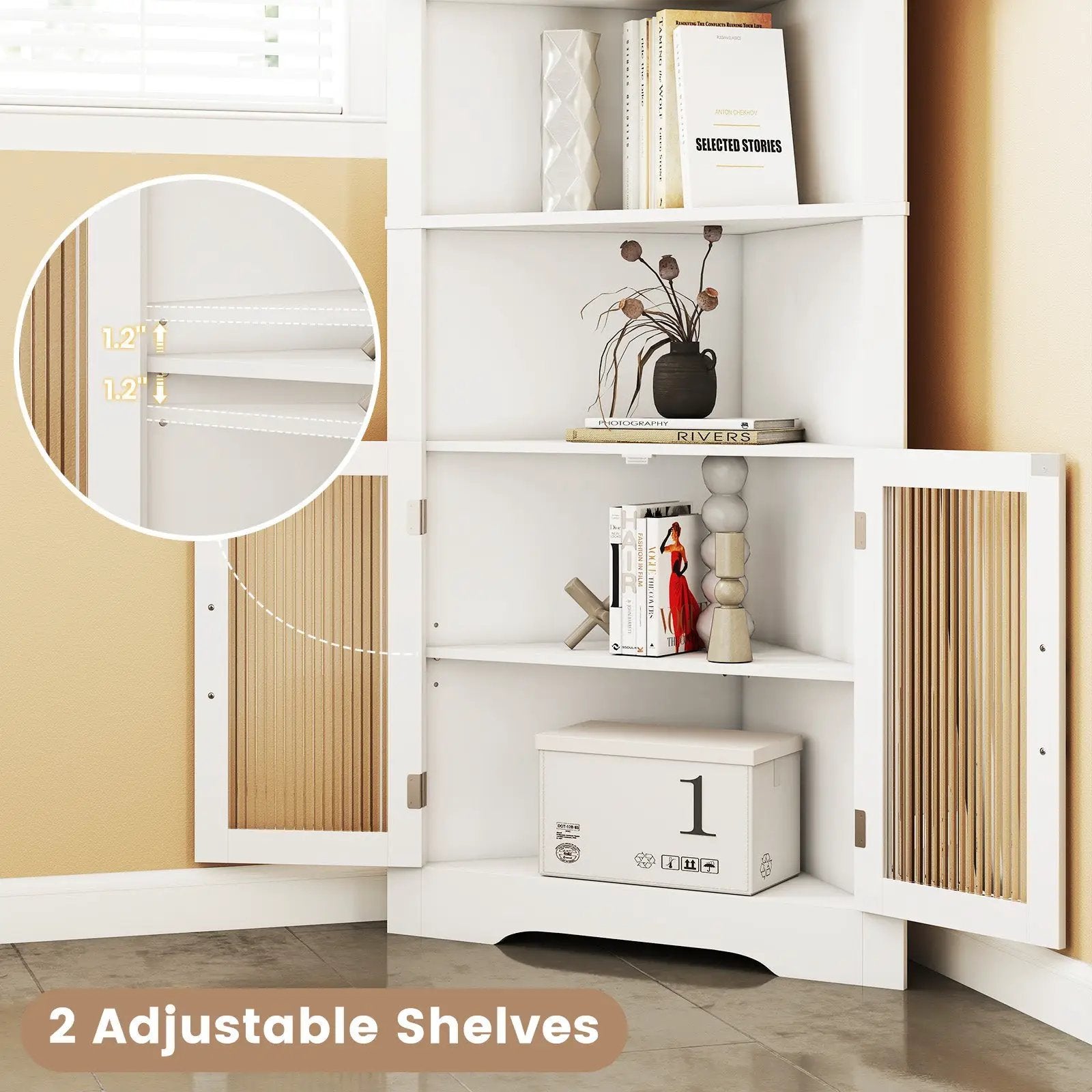 67 Inch Tall Corner Cabinet Triangular Buffet Cabinet with Tempered Glass Doors-White by DirectDeals
