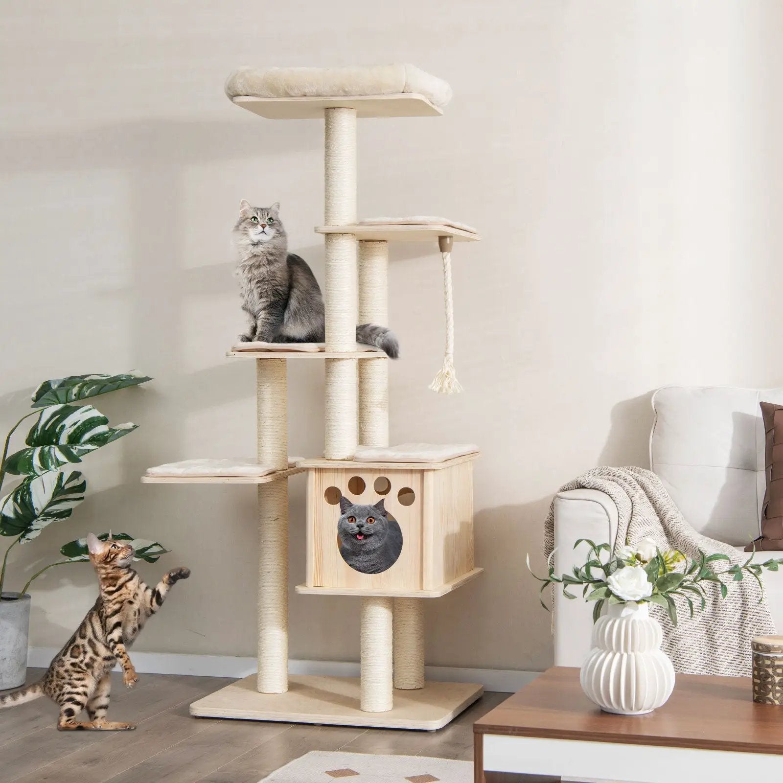 67 Inch Modern Cat Tree Tower with Top Perch and Sisal Rope Scratching Posts-Natural by DirectDeals