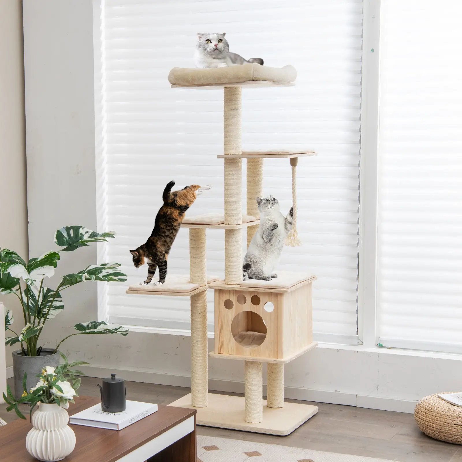 67 Inch Modern Cat Tree Tower with Top Perch and Sisal Rope Scratching Posts-Natural by DirectDeals