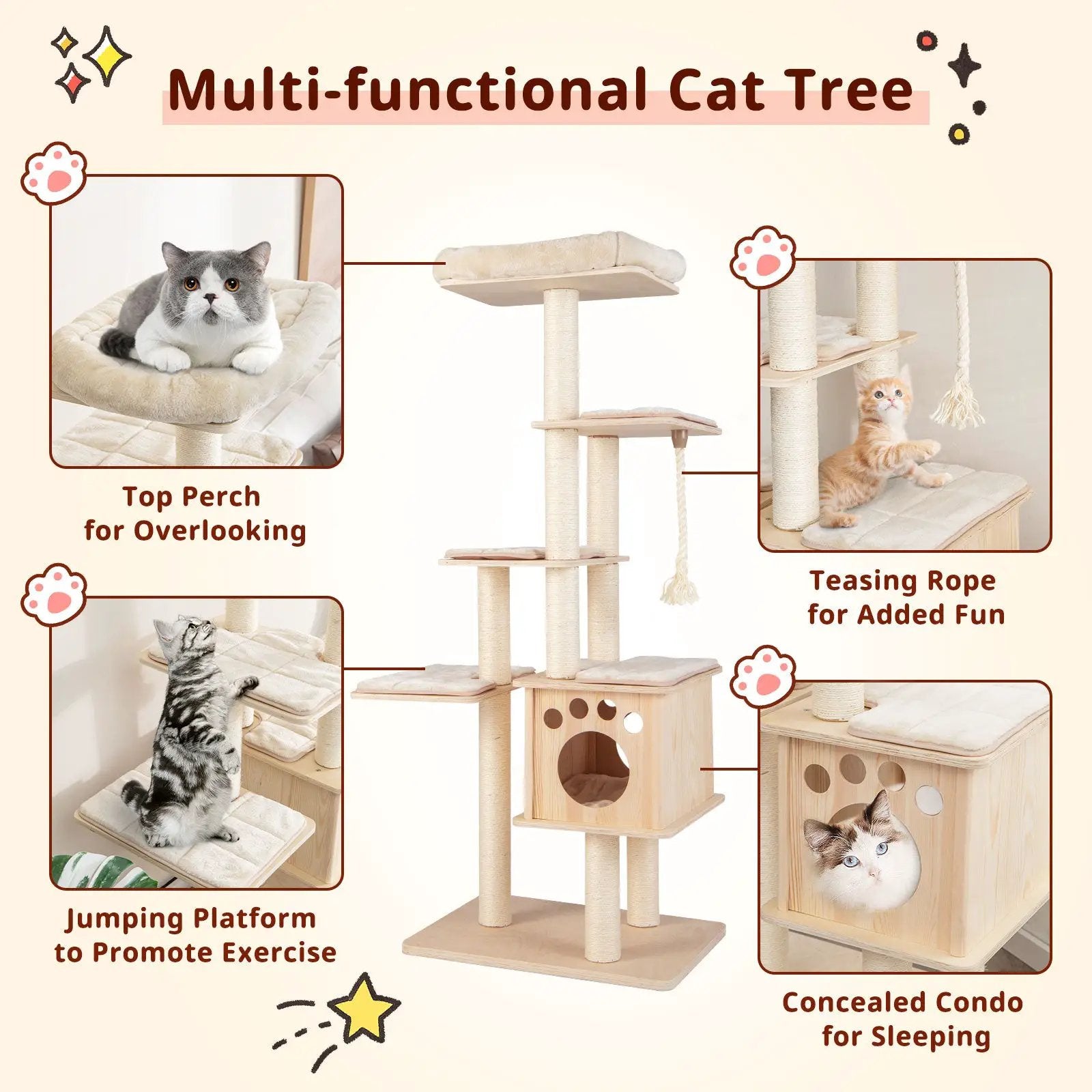 67 Inch Modern Cat Tree Tower with Top Perch and Sisal Rope Scratching Posts-Natural by DirectDeals