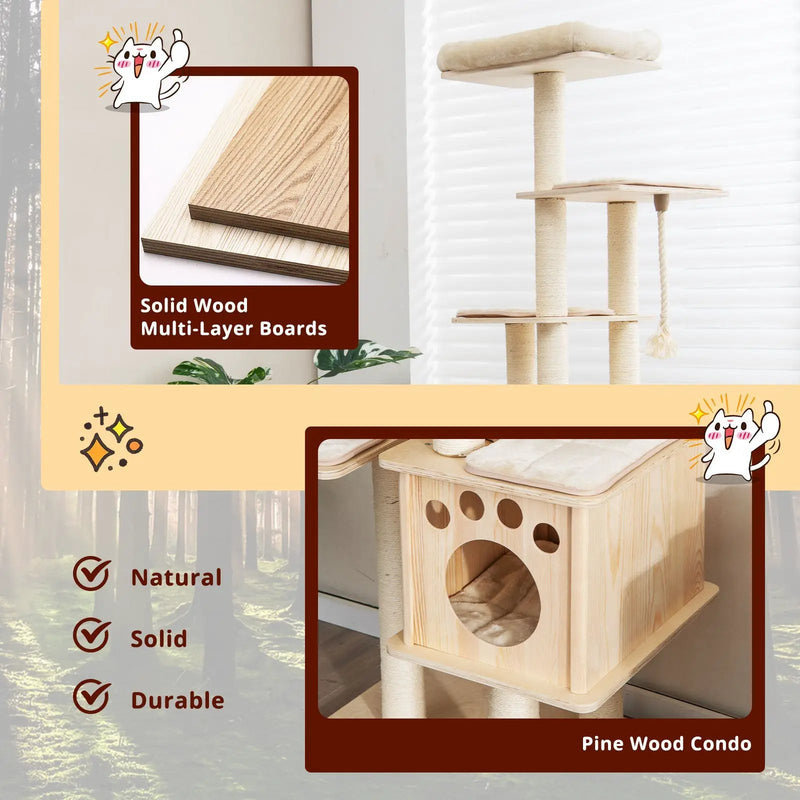67 Inch Modern Cat Tree Tower with Top Perch and Sisal Rope Scratching Posts-Natural by DirectDeals