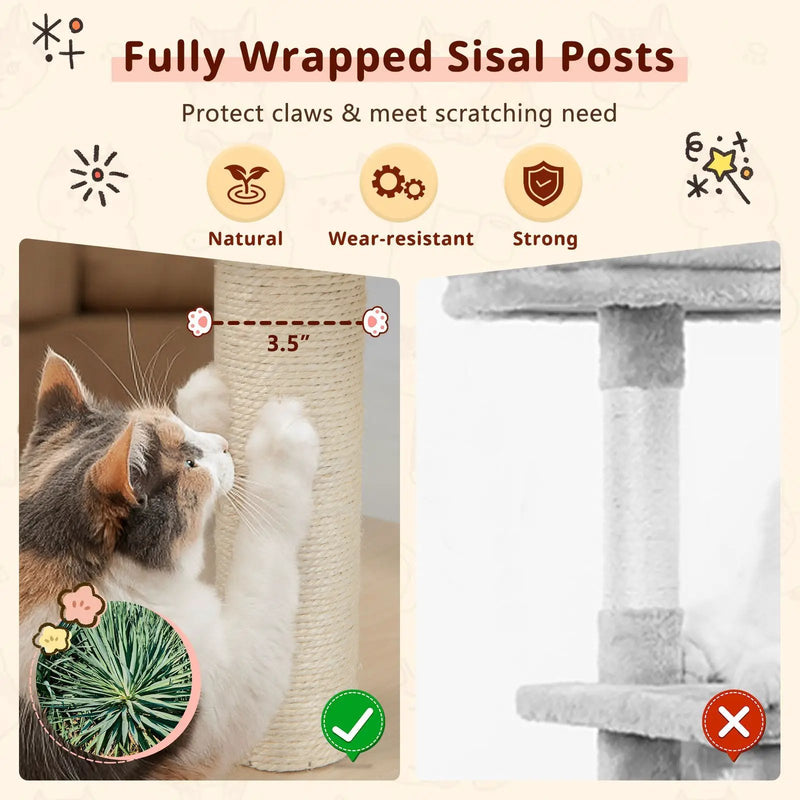 67 Inch Modern Cat Tree Tower with Top Perch and Sisal Rope Scratching Posts-Natural by DirectDeals
