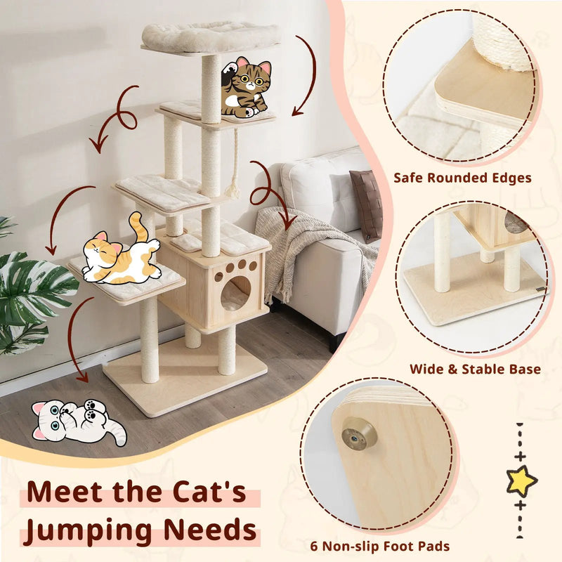 67 Inch Modern Cat Tree Tower with Top Perch and Sisal Rope Scratching Posts-Natural by DirectDeals