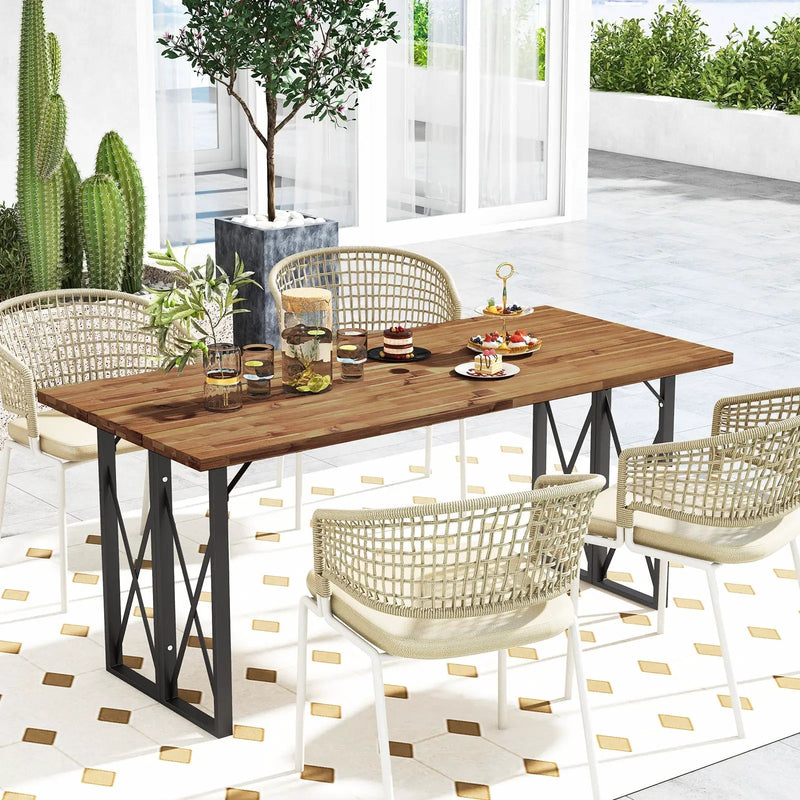 67 Inch Patio Rectangle Acacia Wood Dining Table with Umbrella Hole by DirectDeals