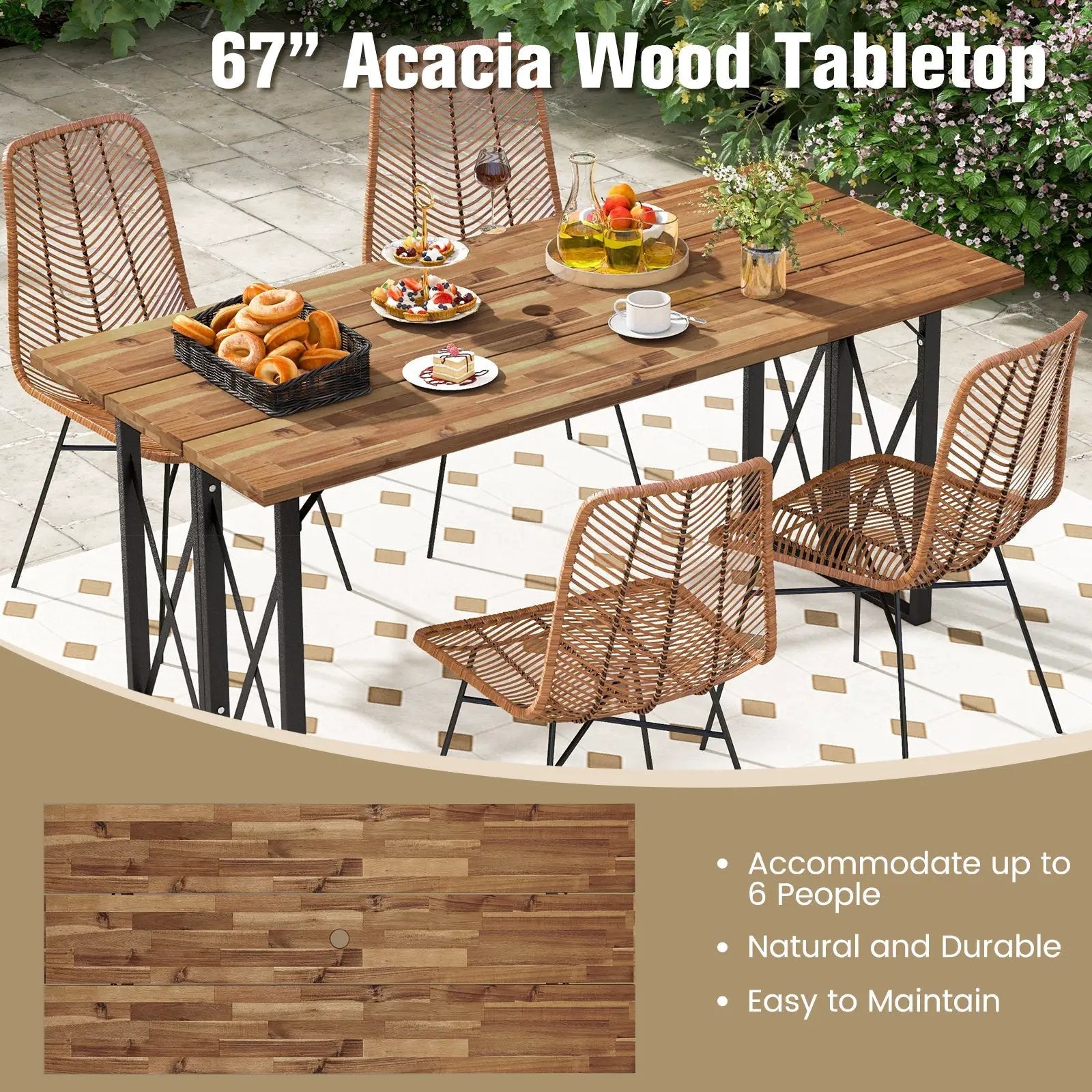67 Inch Patio Rectangle Acacia Wood Dining Table with Umbrella Hole by DirectDeals