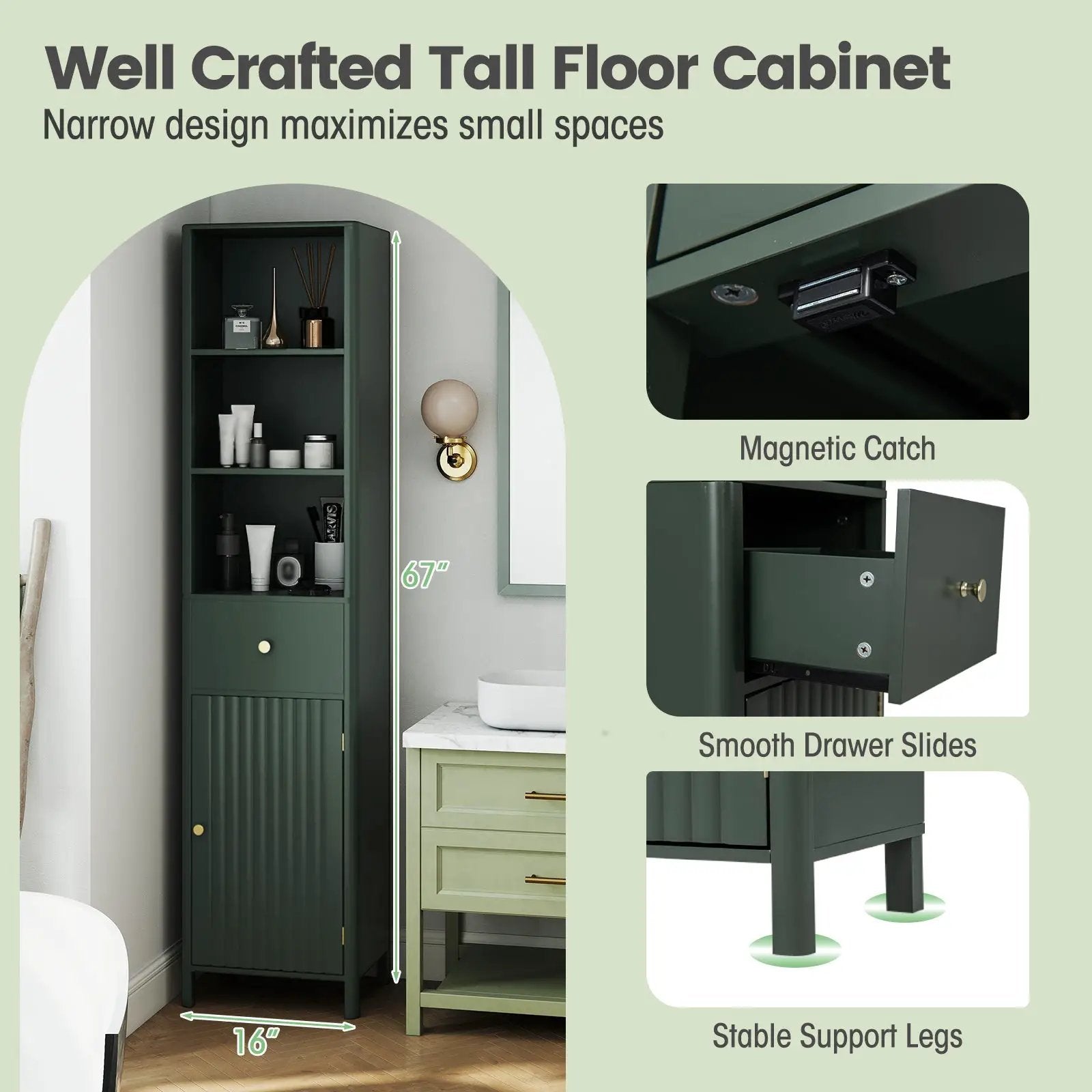 67 Inch Tall Bathroom Cabinet Narrow Floor Cabinet with Fluted Door by DirectDeals