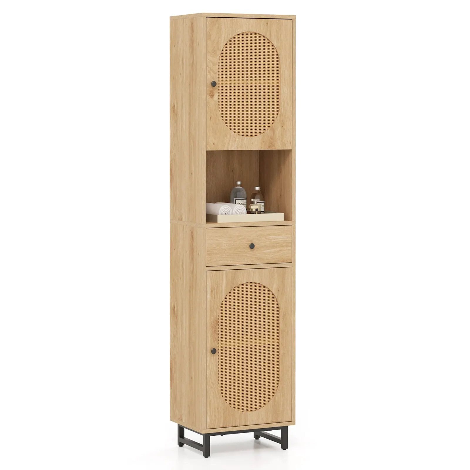 67 Inch Tall Bathroom Cabinet PE Rattan Floor Cabinet with 2 Doors-Natural by DirectDeals