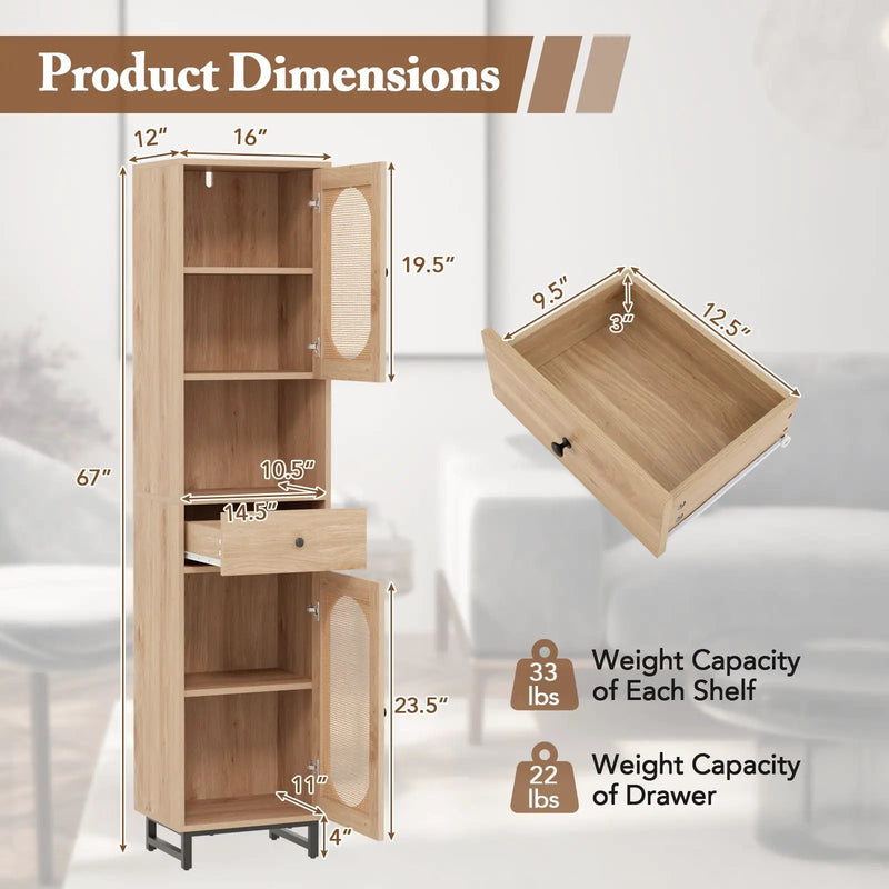 67 Inch Tall Bathroom Cabinet PE Rattan Floor Cabinet with 2 Doors-Natural by DirectDeals