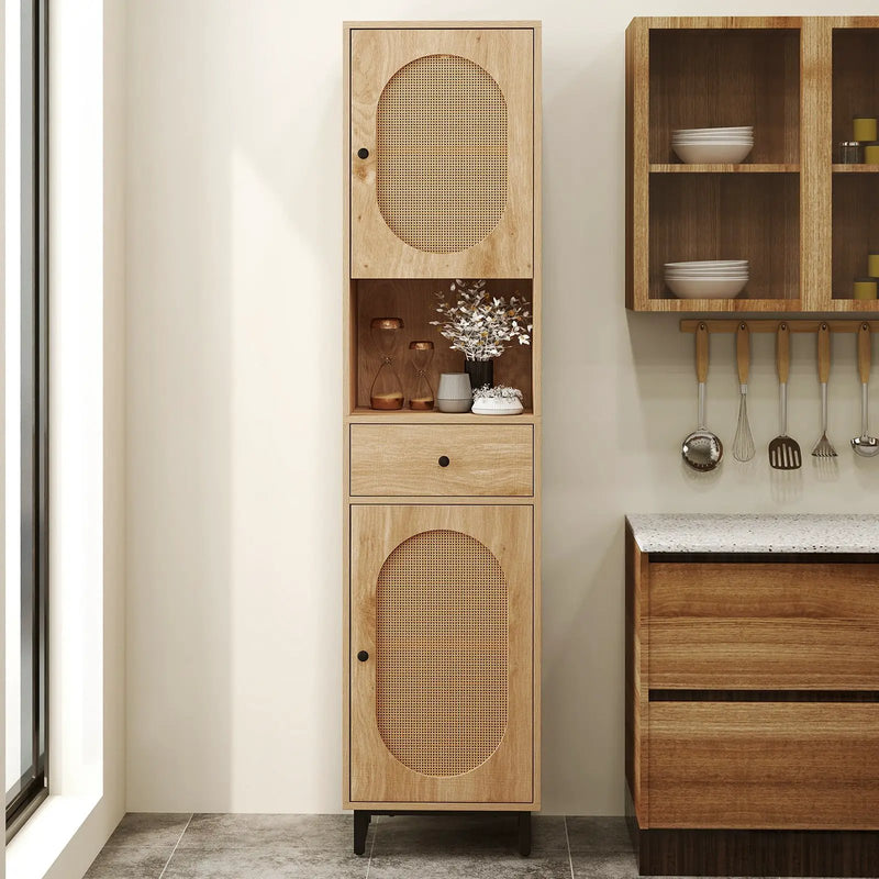 67 Inch Tall Bathroom Cabinet PE Rattan Floor Cabinet with 2 Doors-Natural by DirectDeals