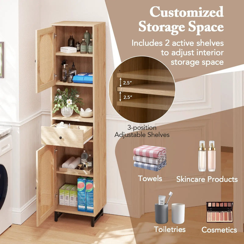 67 Inch Tall Bathroom Cabinet PE Rattan Floor Cabinet with 2 Doors-Natural by DirectDeals