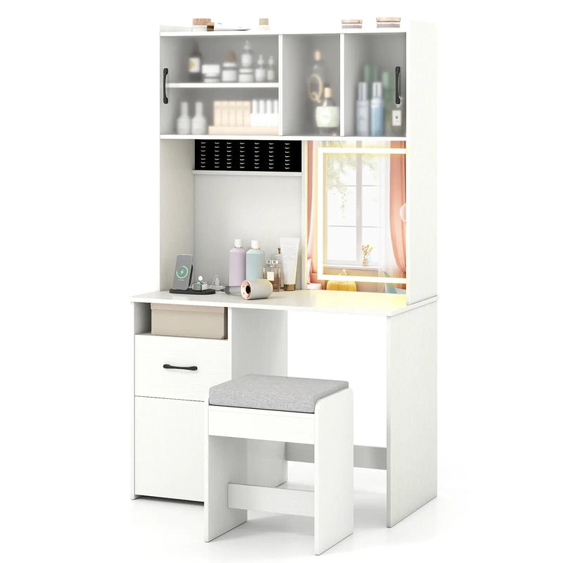 67 Inches Tall Vanity Set with Mirror Makeup Dressing Table with Charging Station-White by DirectDeals