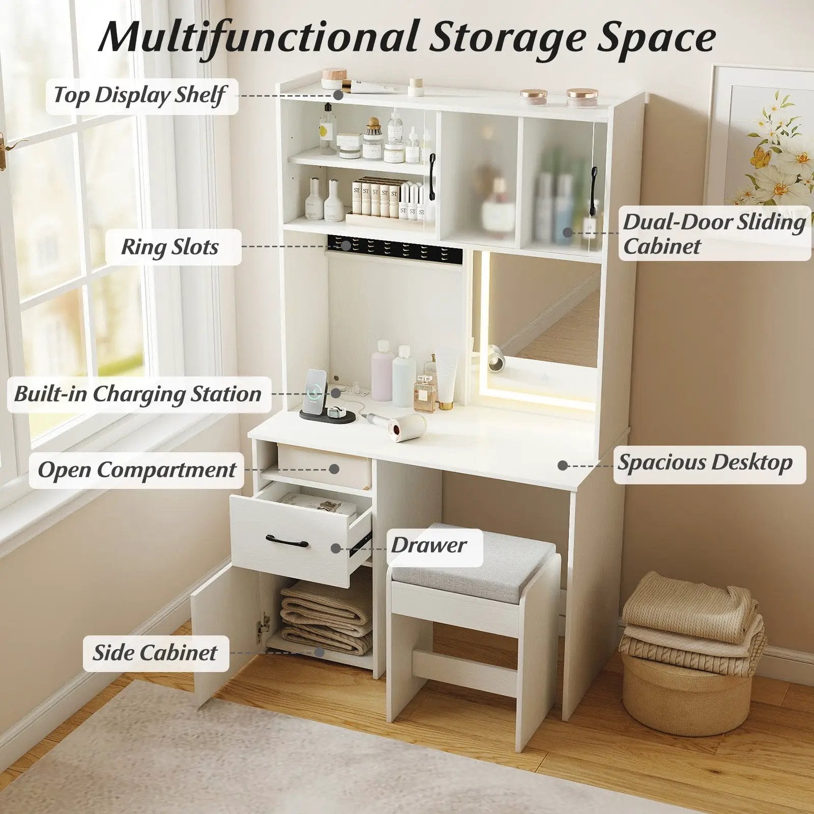 67 Inches Tall Vanity Set with Mirror Makeup Dressing Table with Charging Station-White by DirectDeals