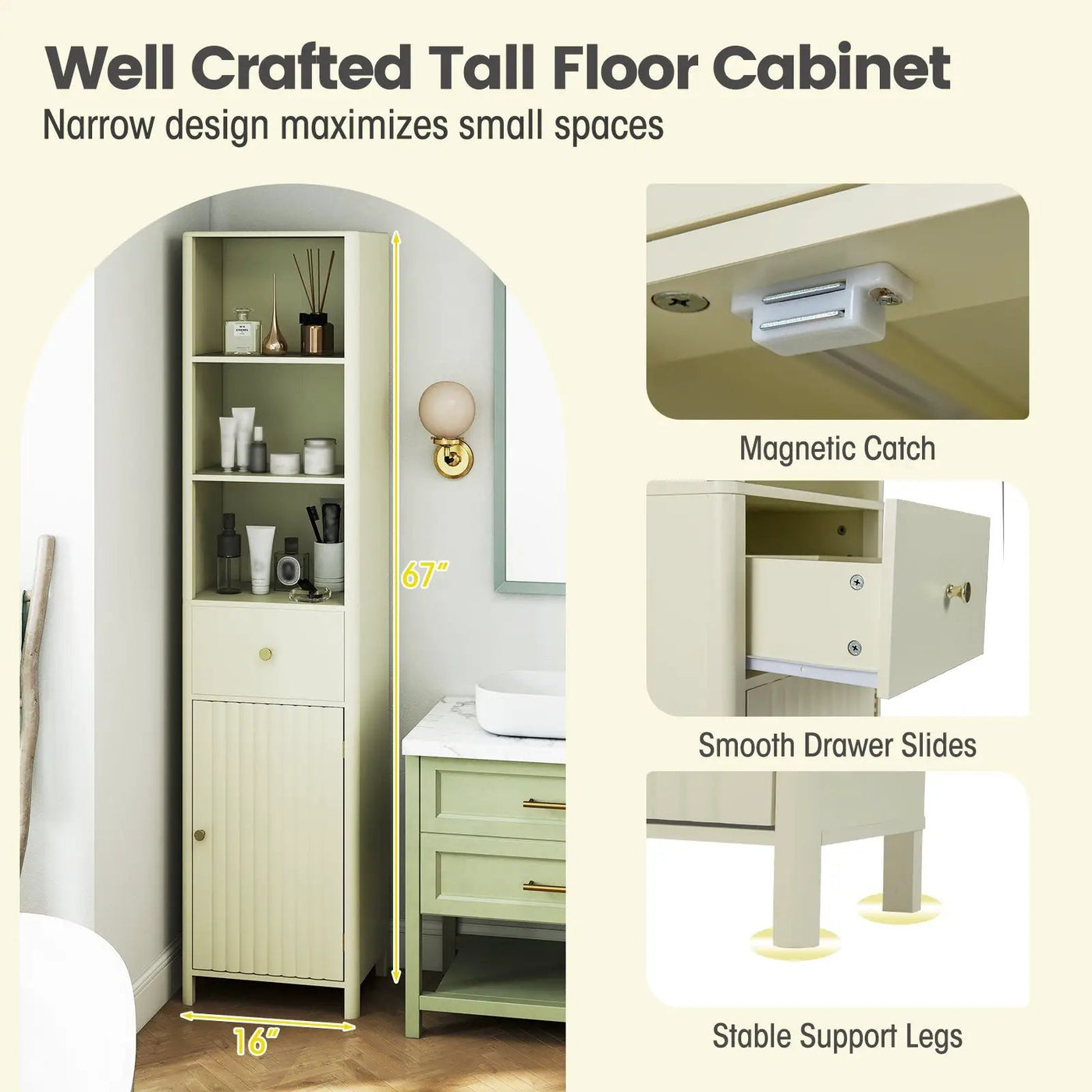 67 Inch Tall Bathroom Cabinet Narrow Floor Cabinet with Fluted Door by DirectDeals