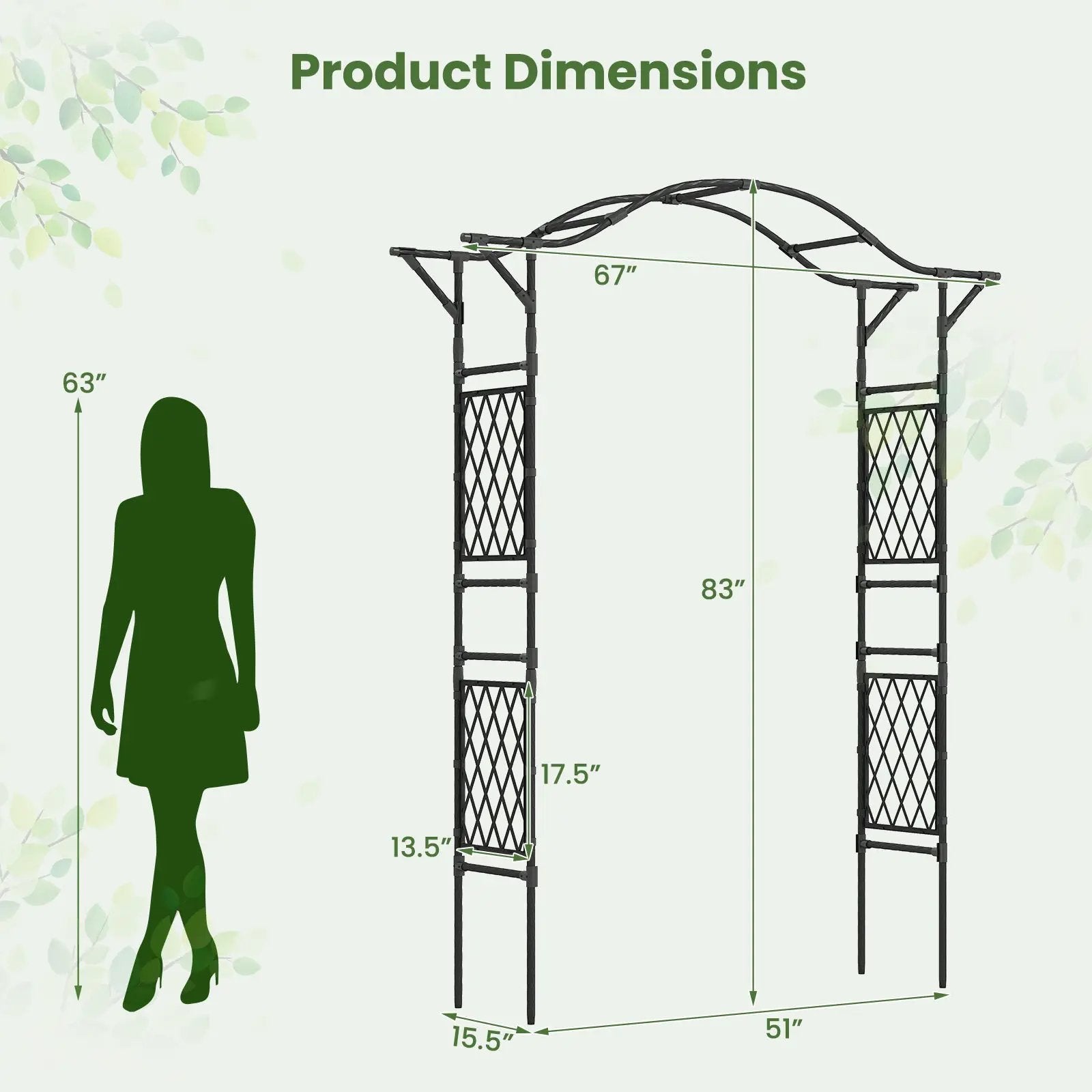 67 x 83 Inch Garden Arch Trellis Metal Pergola Arbor for Climbing Plants-Black by DirectDeals