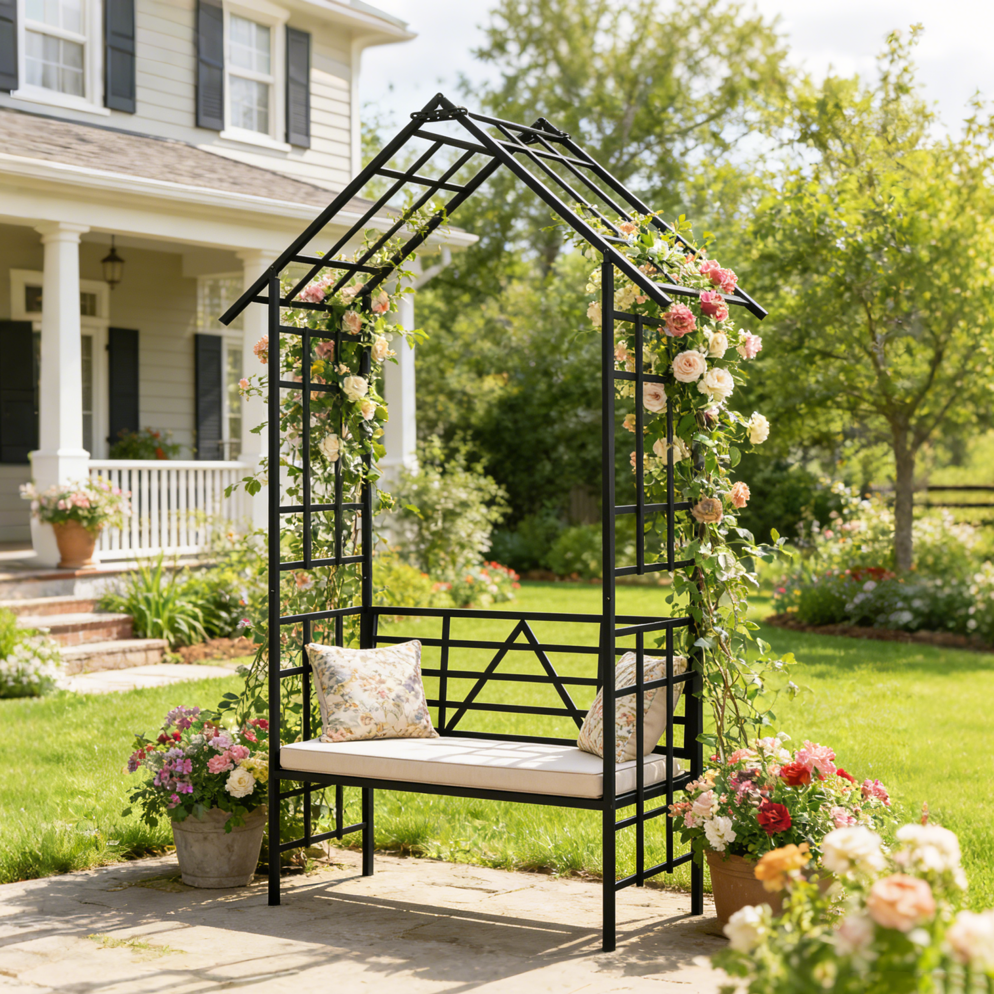 Metal Garden Arch with Bench Turned into Flower Stand by HouseOfZazla