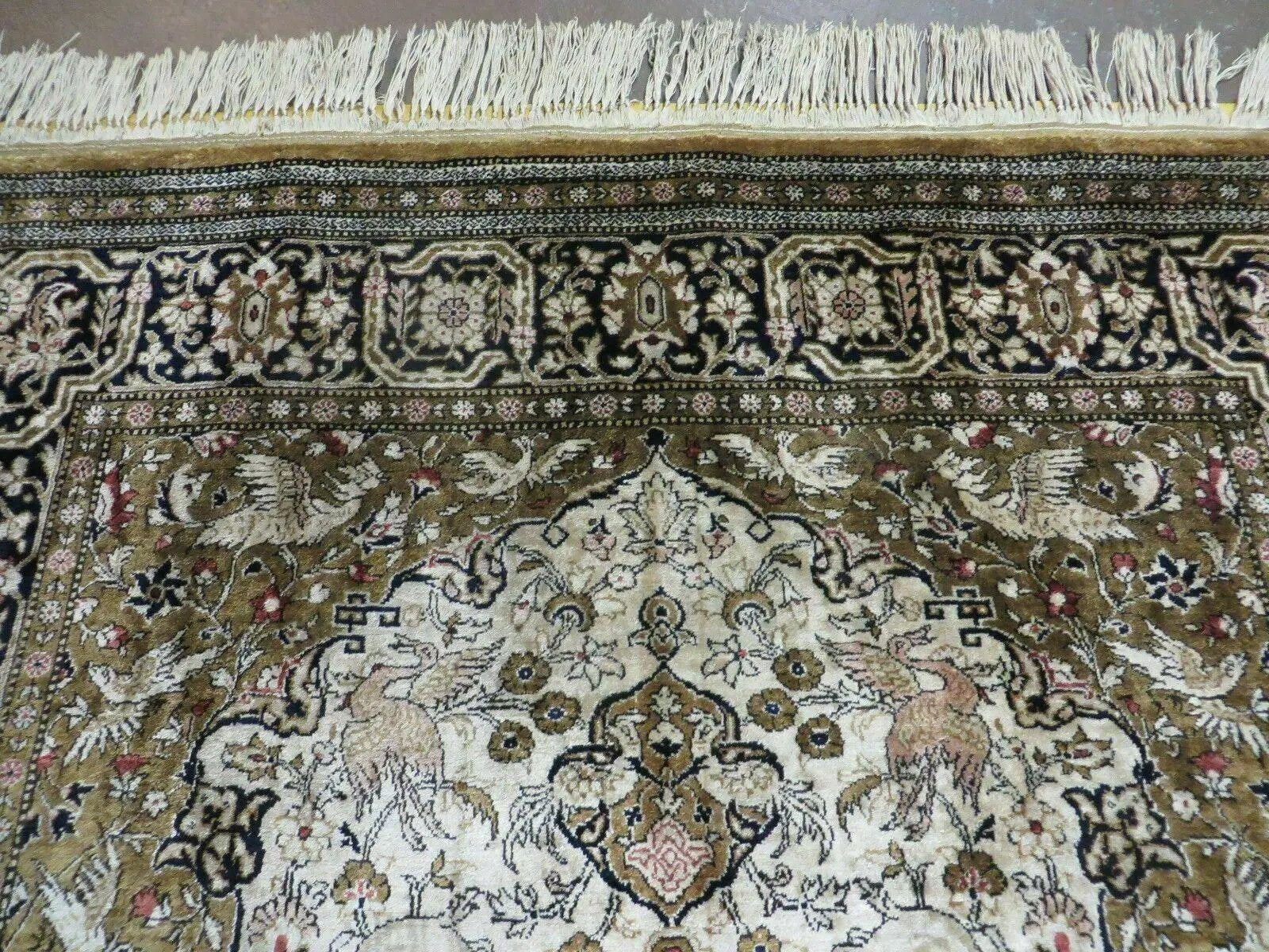 Handmade Silk Rug 3x5, Vintage Antique Silk Carpet, Hand-Knotted Oriental Rug 3 x 5, Animal Motifs, Deer Birds, One-Of-A-Kind by Jewel Rugs