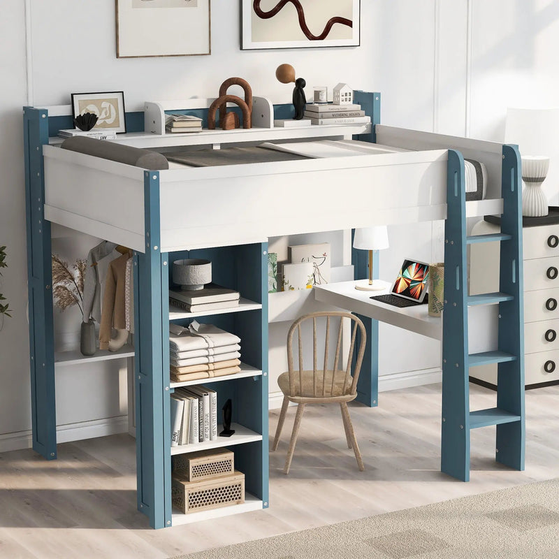 Loft Bed With Built In Storage Shelves, Clothes Rail, And Desk