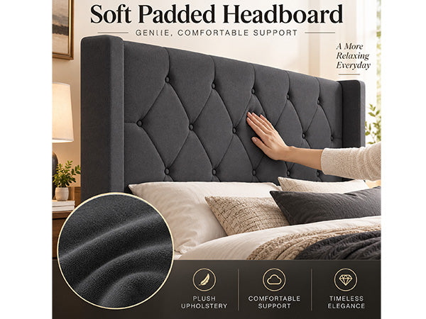 Modern Queen Size Platform Bed Frame with Tufted Velvet Headboard, photo 8 of 10