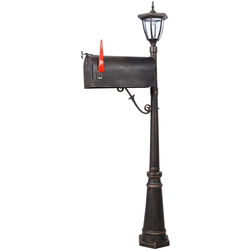 Stratford - Heavy Duty Cast Aluminum Mailbox With Post And Solar Light, Fluted Base, Decorative Modern Mailbox - Brown by HouseOfZazla