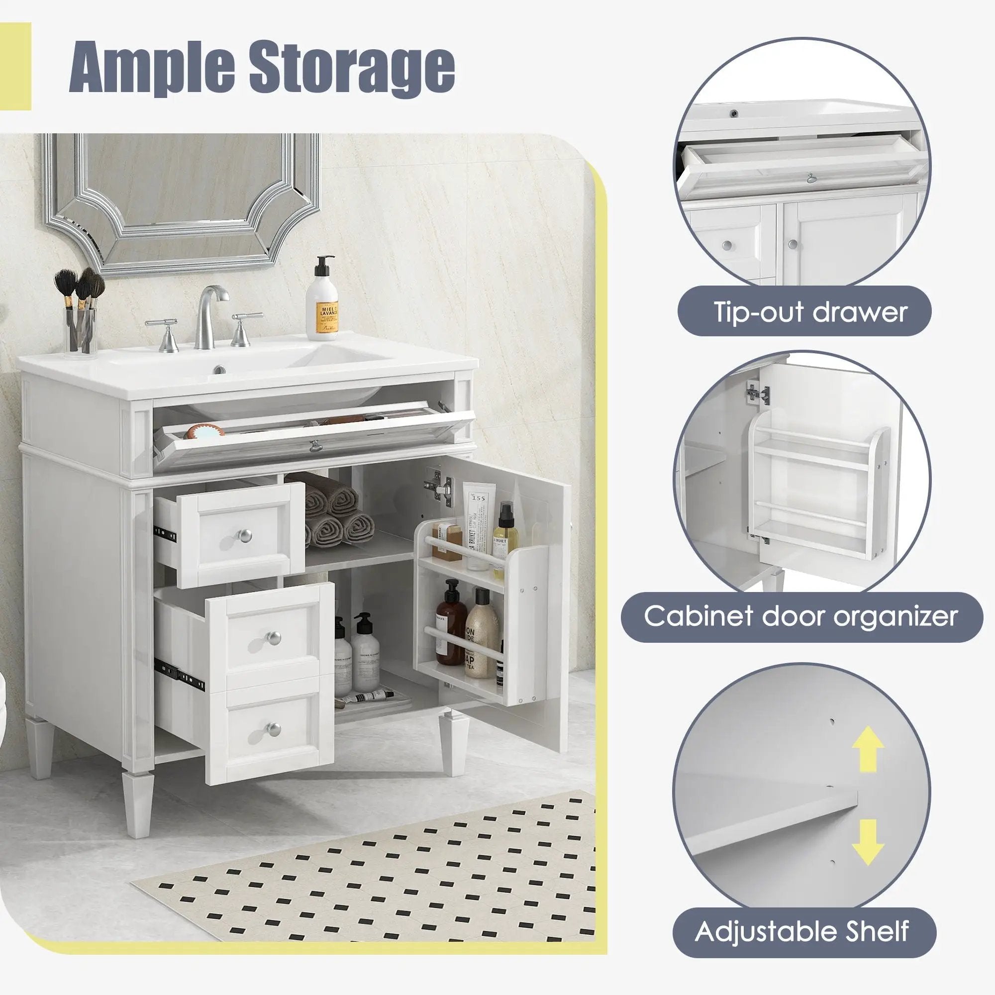 Bathroom Vanity With Top Sink, Modern Bathroom Storage Cabinet With 2 Drawers And A Tip-Out Drawer by HouseOfZazla
