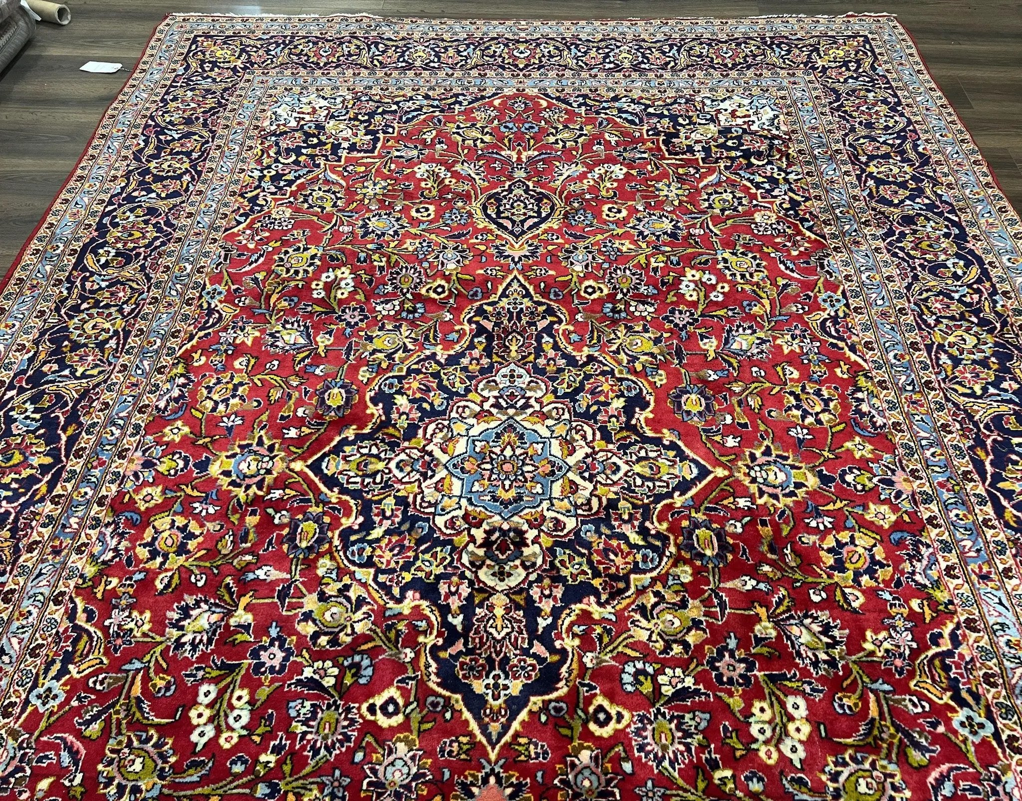 Persian Kashan Rug 9x12, Red Navy Blue, Allover Floral Medallion & Corner Design, Handmade Wool Oriental Carpet, Semi Antique Traditional Carpet by Jewel Rugs