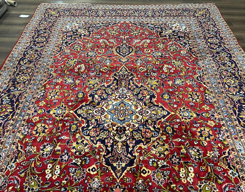 Persian Kashan Rug 9x12, Red Navy Blue, Allover Floral Medallion & Corner Design, Handmade Wool Oriental Carpet, Semi Antique Traditional Carpet by Jewel Rugs