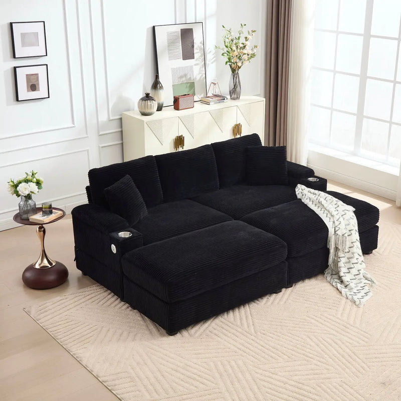 Convertible Sectional Sofa Bed Set With Armrest Storage, Cup Holder, USB - Black by Unique Piece Furniture