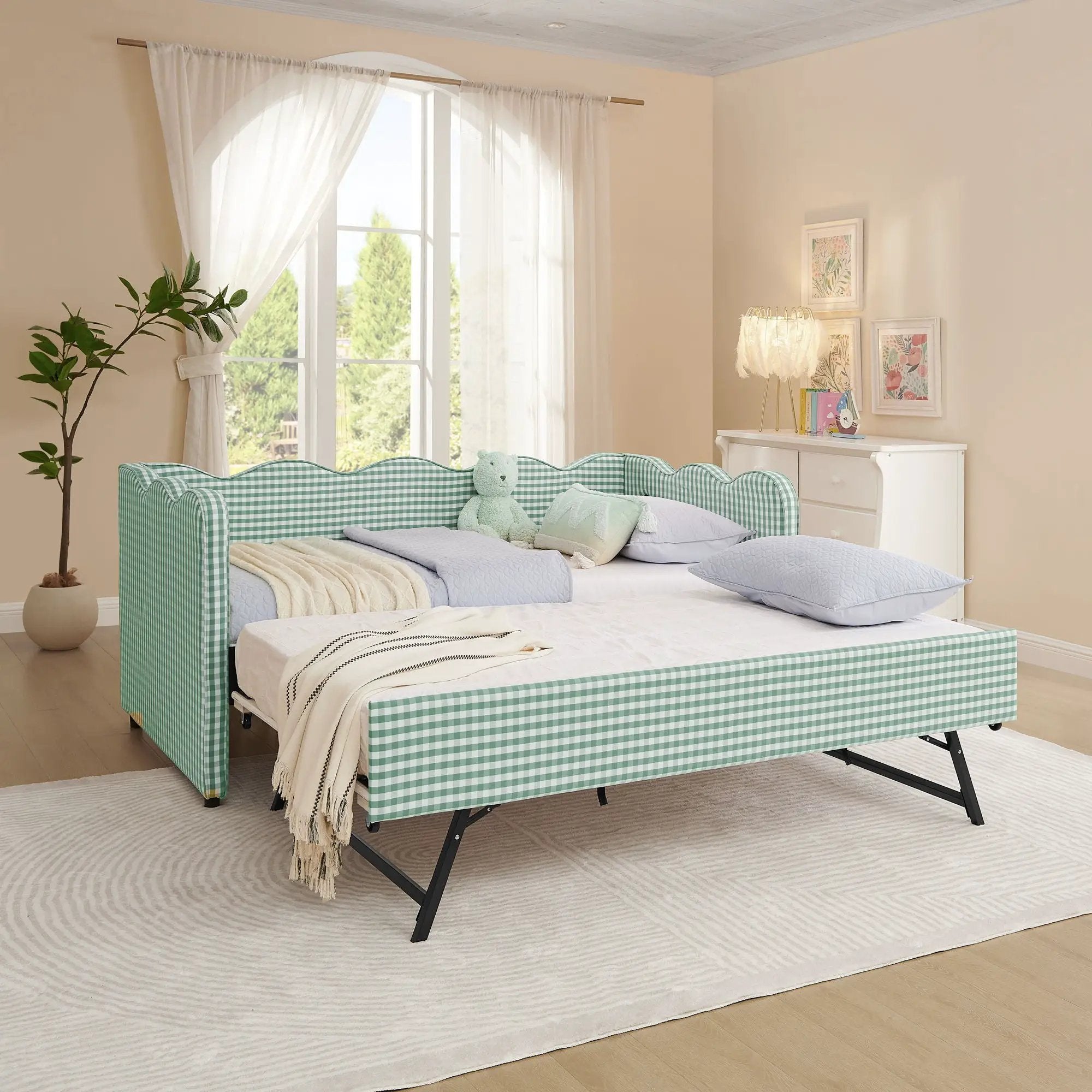Gingham Daybed With USB Charging Port, Wave Shaped Design by Unique Piece Furniture