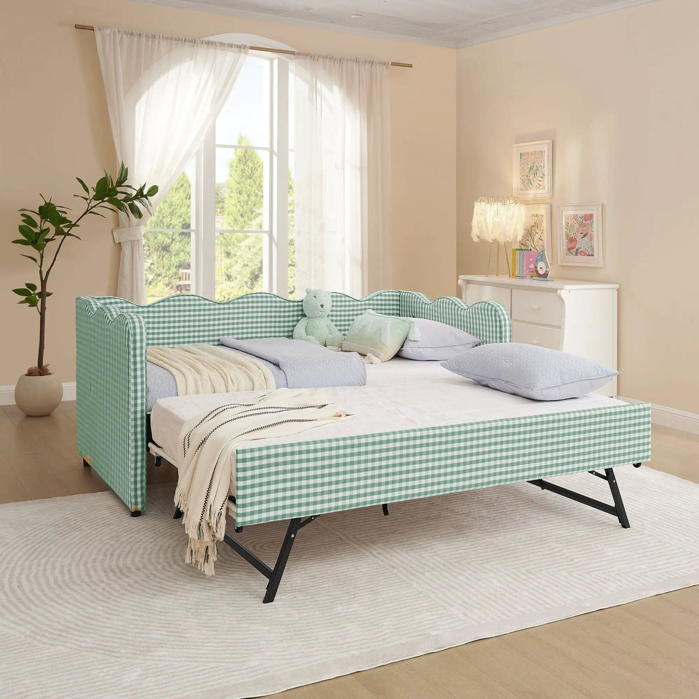Gingham Daybed With USB Charging Port, Wave Shaped Design by HouseOfZazla
