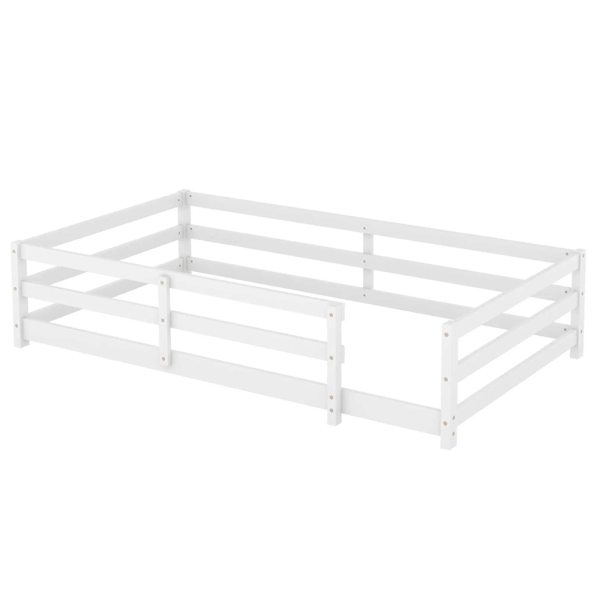 Twin Size Montessori Floor Bed With Fence - White by Unique Piece Furniture