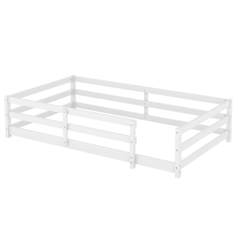 Twin Size Montessori Floor Bed With Fence - White by HouseOfZazla