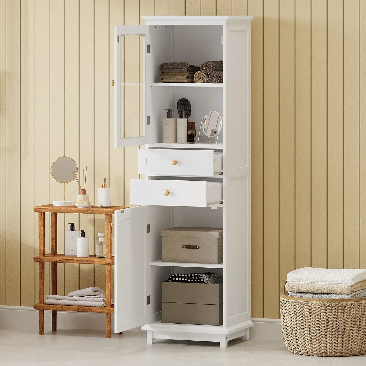 Tall Bathroom Storage Cabinet With Glass Doors, Free-Standing, Two Drawers, And Adjustable Shelves, Board, Painted Perfect For Displaying Your Favorite Items by HouseOfZazla
