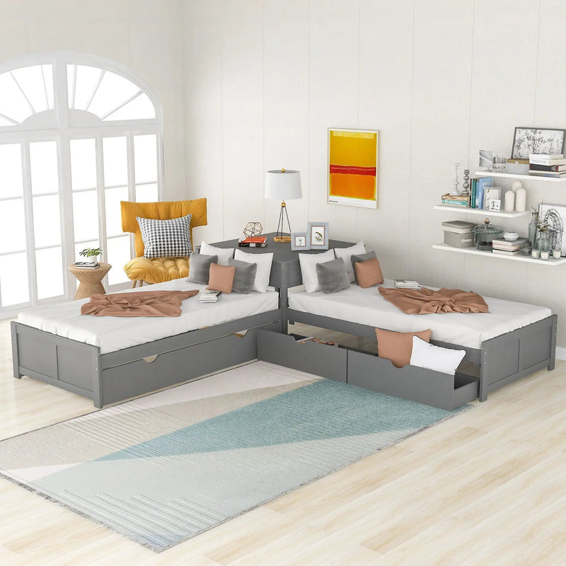 L Shaped Platform Bed With Trundle And Drawers Linked With Built In Desk by Unique Piece Furniture
