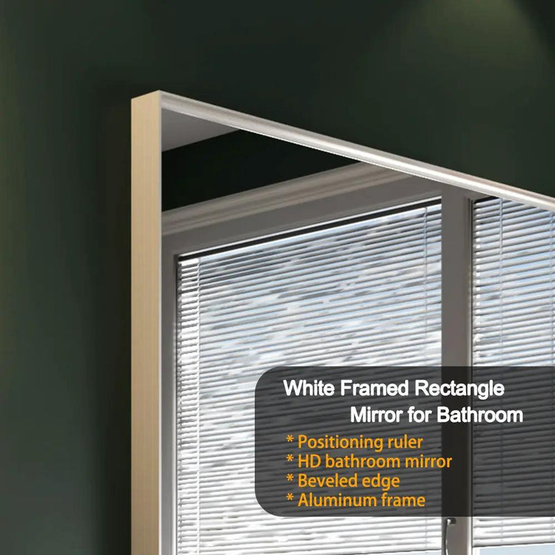 Rectangular Wall-Mounted Beveled Bathroom Mirror, Square Angle Metal Frame Wall Mounted Bathroom Mirrors For Wall (Horizontal & Vertical) - Glossy White by Unique Piece Furniture
