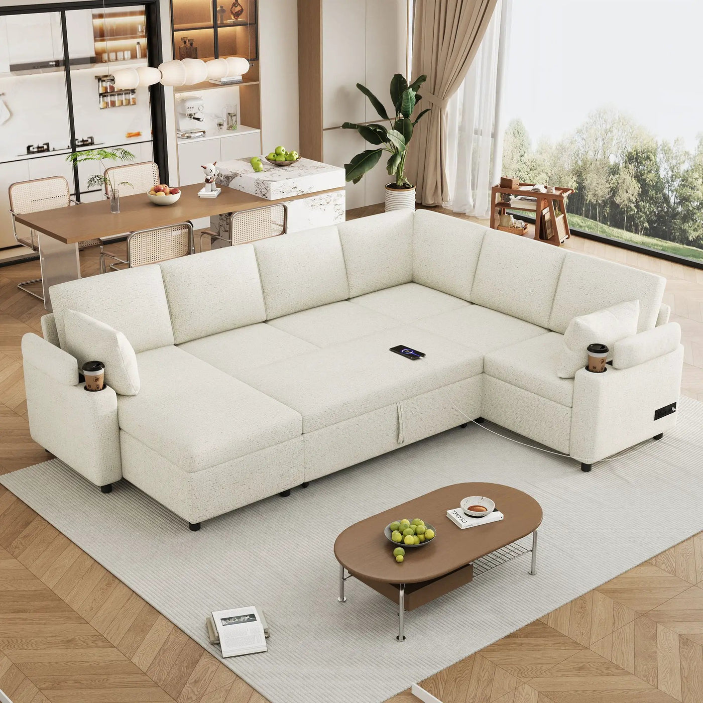 U-Shaped Sectional Sleeper Sofa With Ample Storage Space, 2 Cup Holders And Charging Ports For Living Room by Unique Piece Furniture
