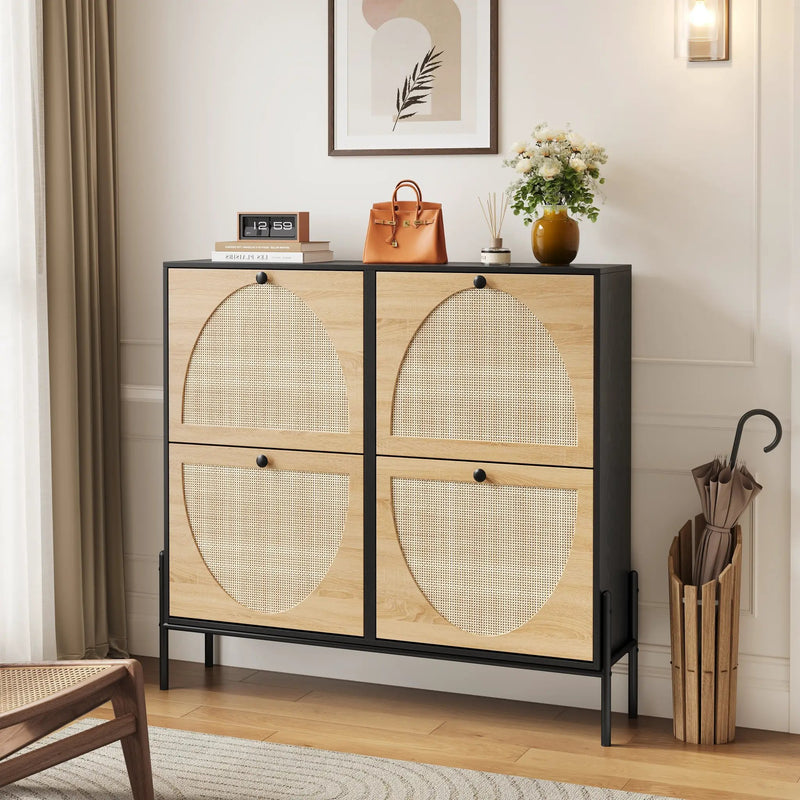 Space-Saving Rattan Shoe Cabinet with 4 Flip-Down Doors by HouseOfZazla
