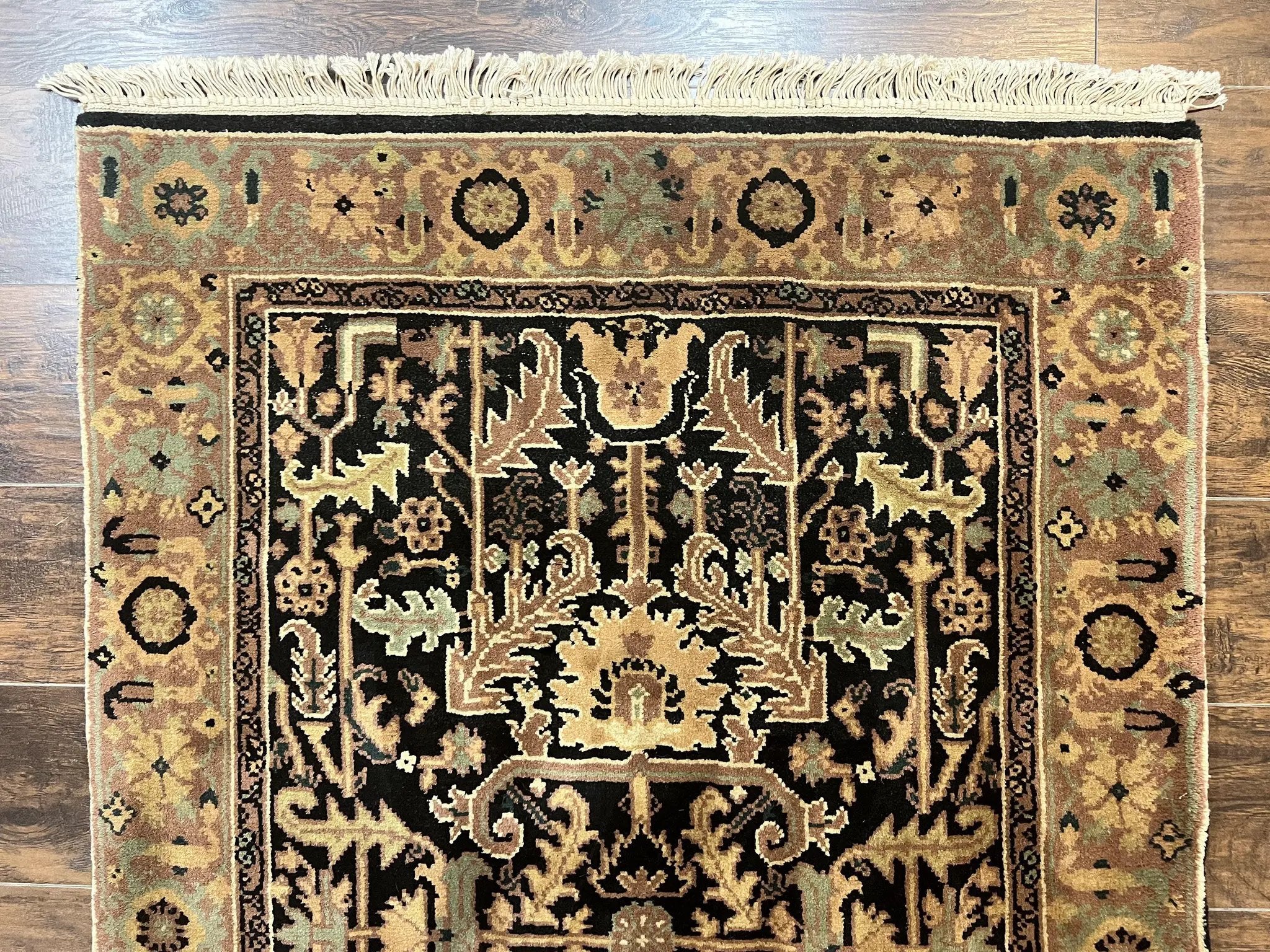 Heriz Rug 3.6 x 5, Handmade Vintage Wool Carpet, Couristan Carpet, Persian Design, Black by Jewel Rugs