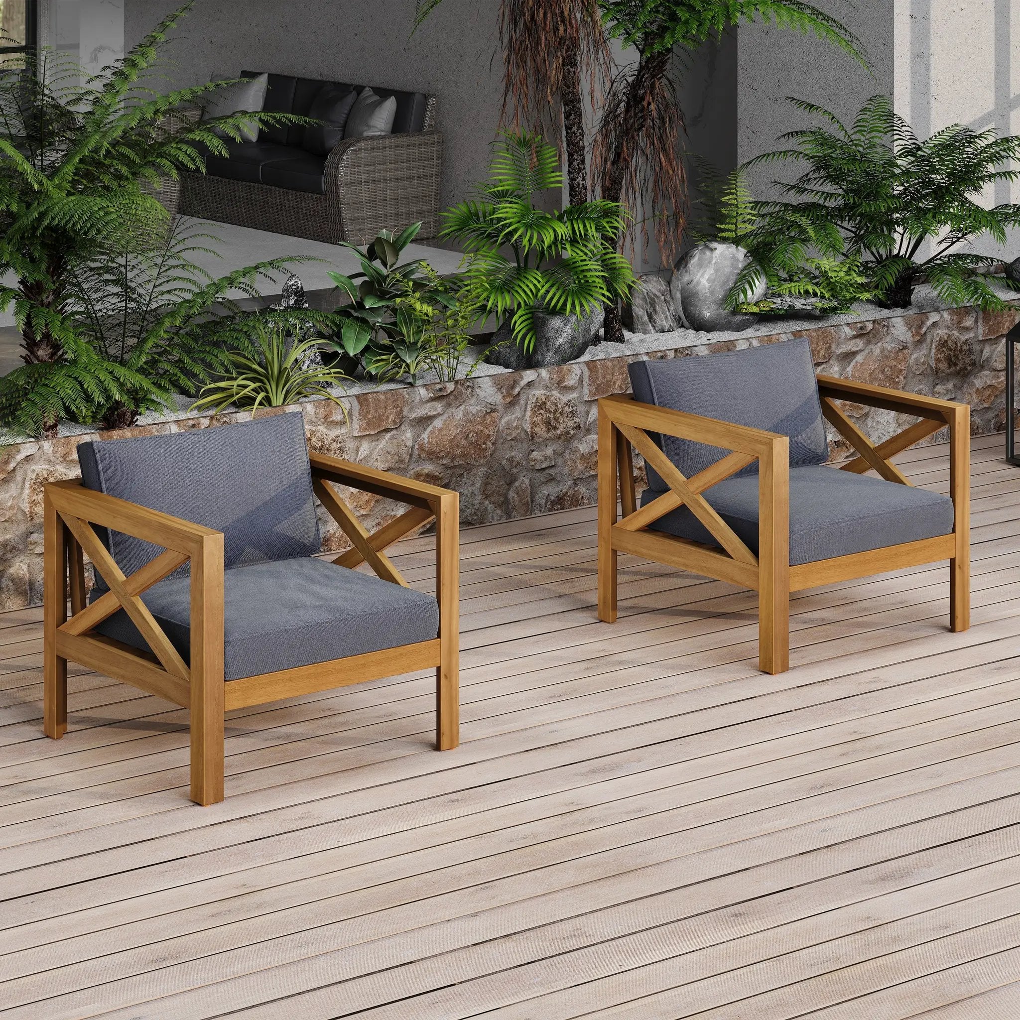 Patio Conversation Set with Foldable Acacia Wood Table and Cushioned Armchairs by HouseOfZazla