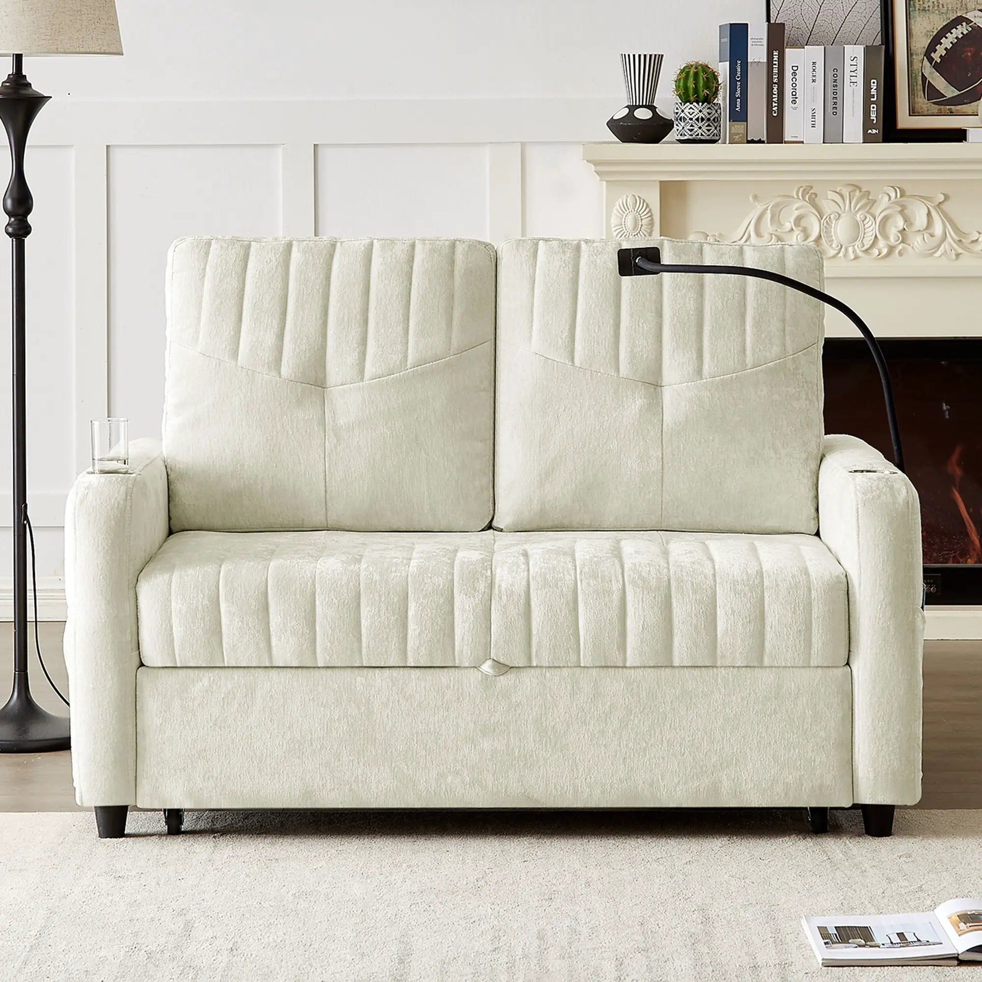 Modern Loveseat Pull Out Sofa Bed With Adjustable Backrest, Two Cup Holders, A Phone Holder, Three Charging Ports And Side Storage Pockets For Living Room by HouseOfZazla