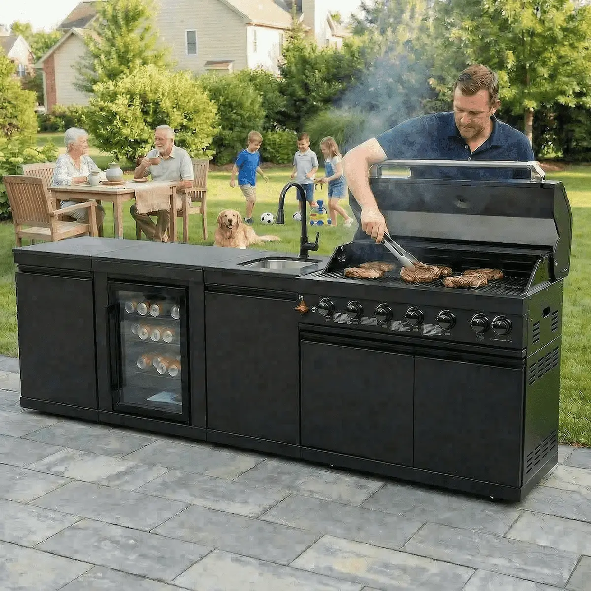 102" 6-Burner 85,000 BTU Black Outdoor Kitchen Island Grill + Refrigerator + Marble Countertops + Sink by Chery Industrial