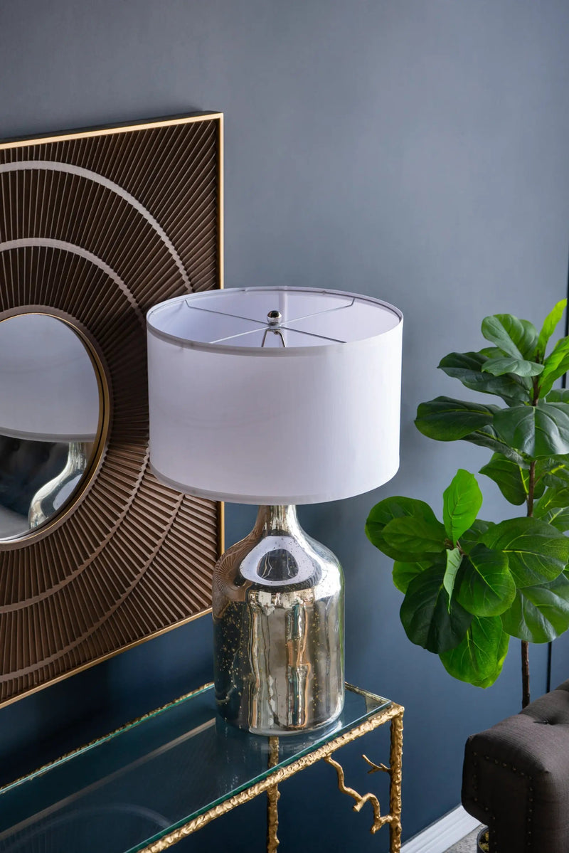 Silver Round Table Lamp with White Fabric Shade by HouseOfZazla