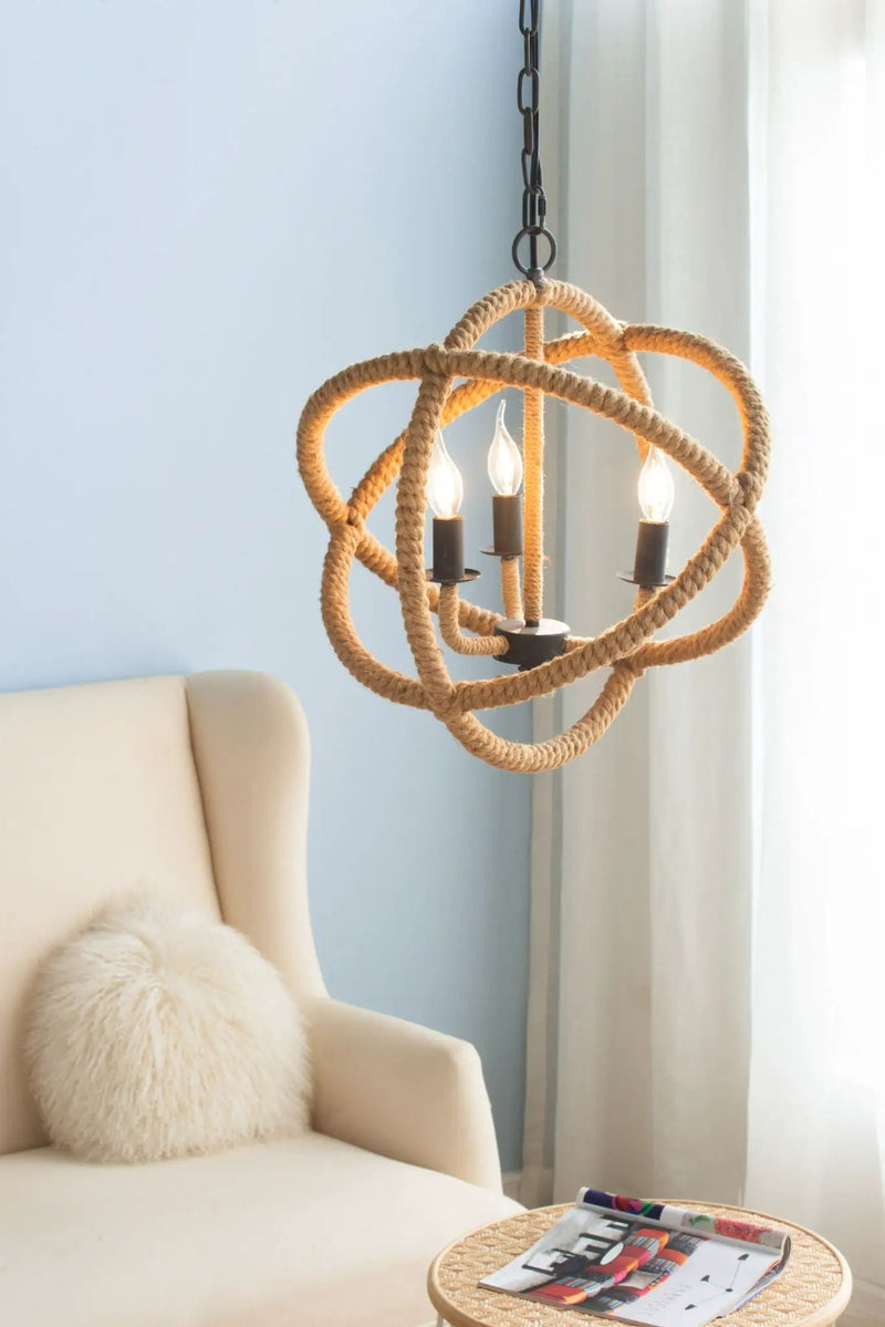 3 Light Farmhouse Chandelier, Rope Chandelier Globe Hanging Light Fixture With With Adjustable Chain For Kitchen, Bulb Not Included - Beige Brown by Unique Piece Furniture